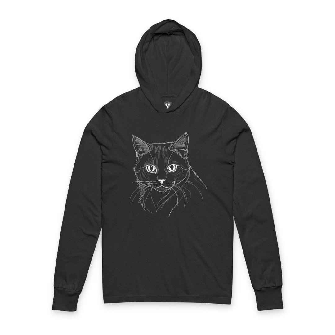 9093438122717180382_2048.jpeg Black hoodie with a white line drawing of a cat's face on the front.