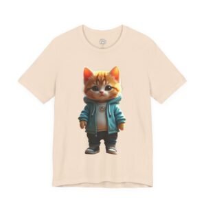 Adorable kitten in Jacket Graphic T-Shirt Adorable kitten in Jacket Graphic T-Shirt. T-shirt with cute orange cat in a blue hoodie design.