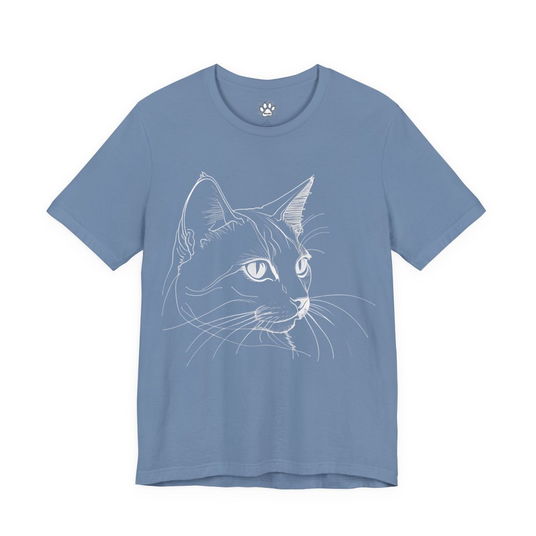 9382303348667287496_2048-1.jpeg Blue t-shirt with a white line drawing of a cat's face.