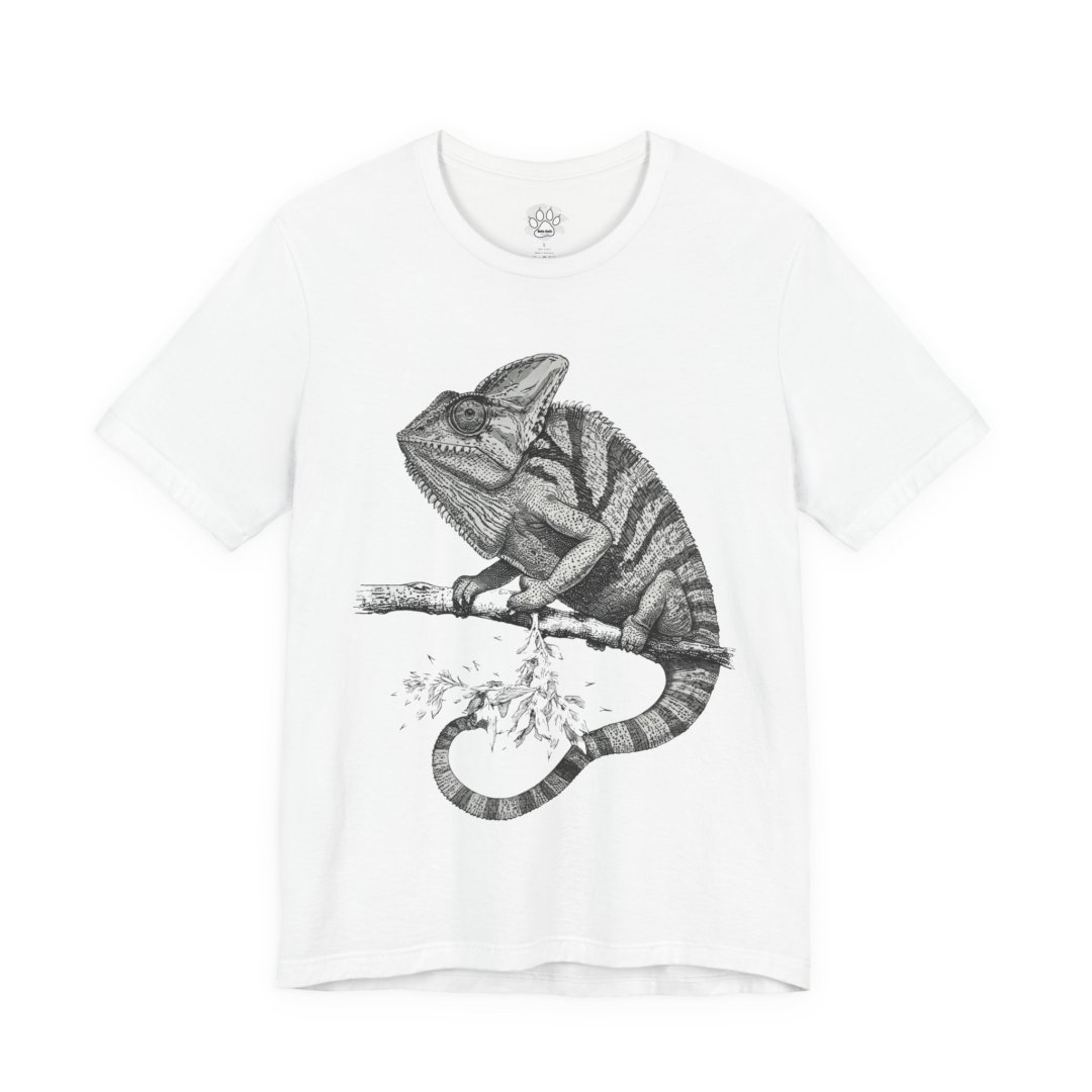 9589978307103970856_2048.jpeg White t-shirt with a detailed chameleon illustration on a branch.