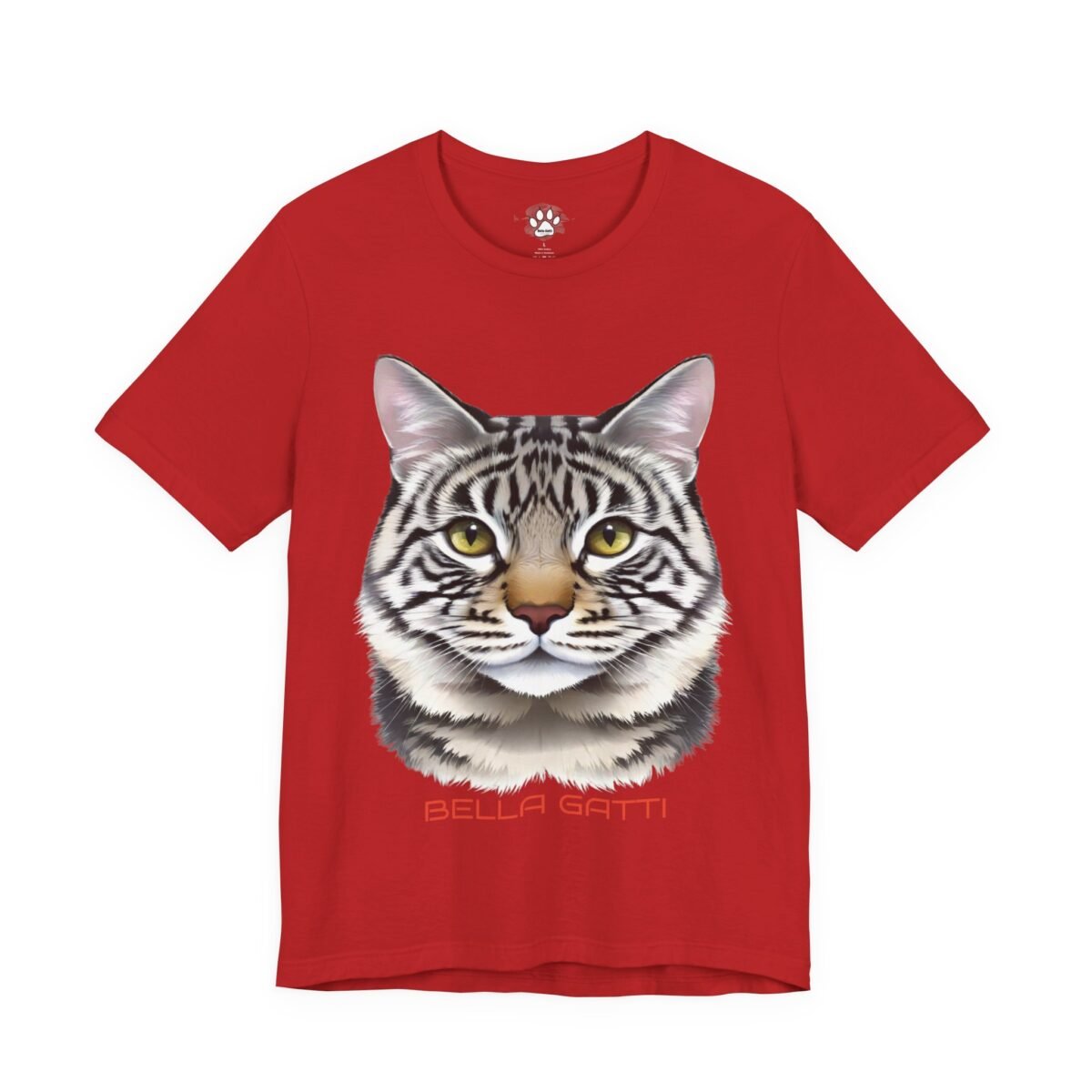 9837121891975193908_2048-1.jpeg Red t-shirt featuring a detailed tabby cat face with yellow eyes and 'BELLA GATTI'.