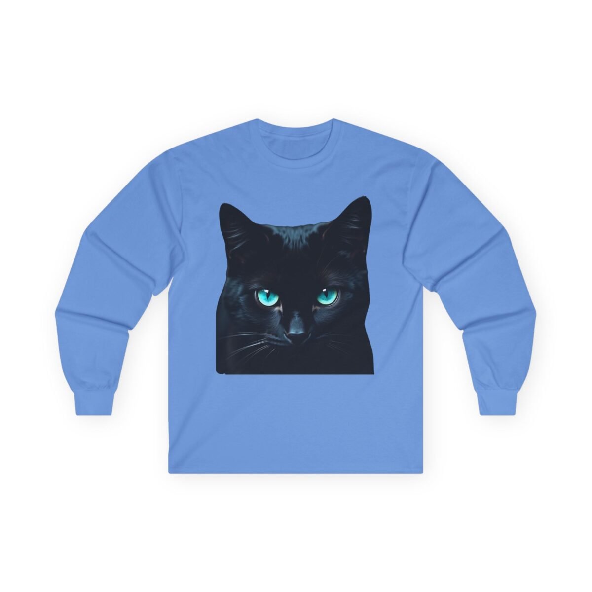 10073924567272876211_2048-1.jpeg Light blue long-sleeved shirt with a black cat graphic featuring bright turquoise eyes.