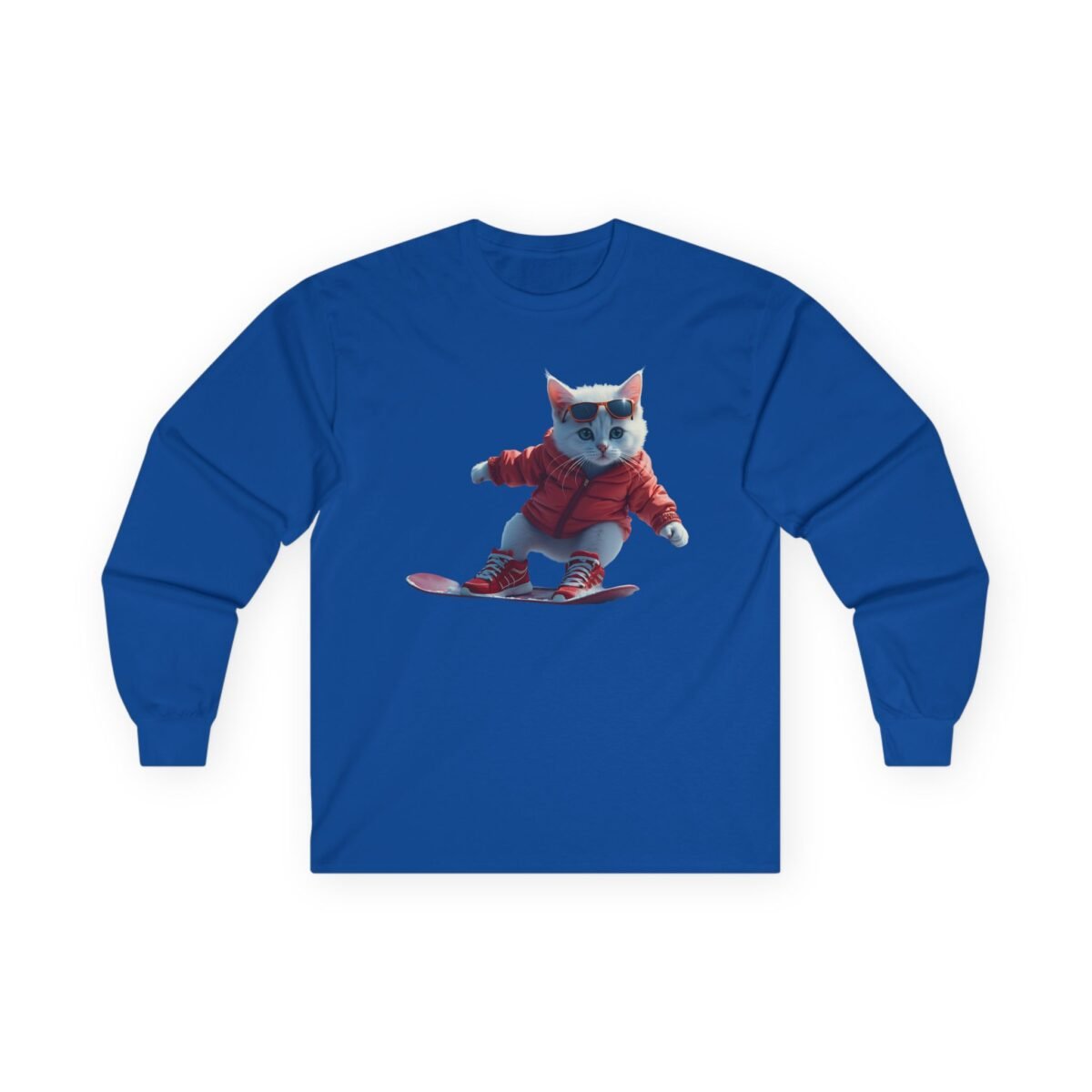 10263711108350629198_2048.jpeg Blue long-sleeve shirt with a white cat wearing a red puffer jacket and sunglasses snowboarding.