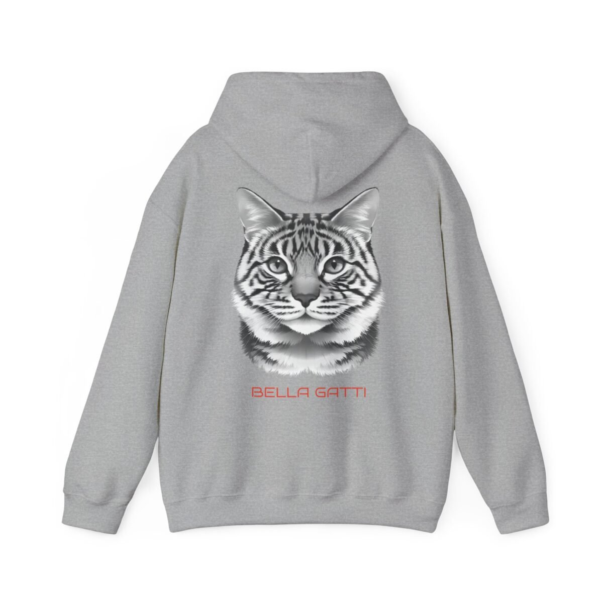 10471624589548057714_2048.jpeg Grey hoodie with a striped cat head graphic and "BELLA GATTI" text on the back.