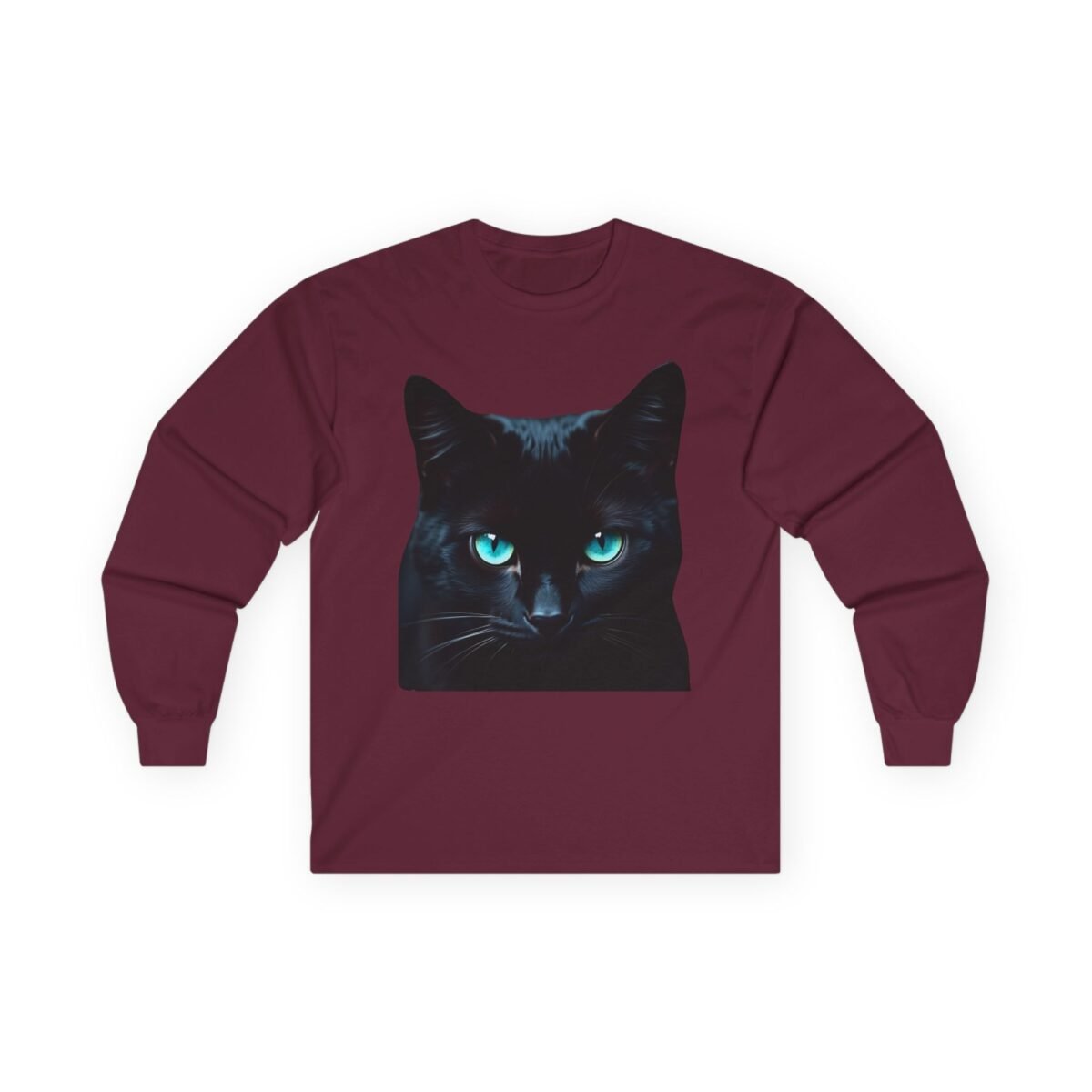 10804349935907505152_2048-1.jpeg Maroon long-sleeve shirt with a black cat print and vibrant blue eyes.
