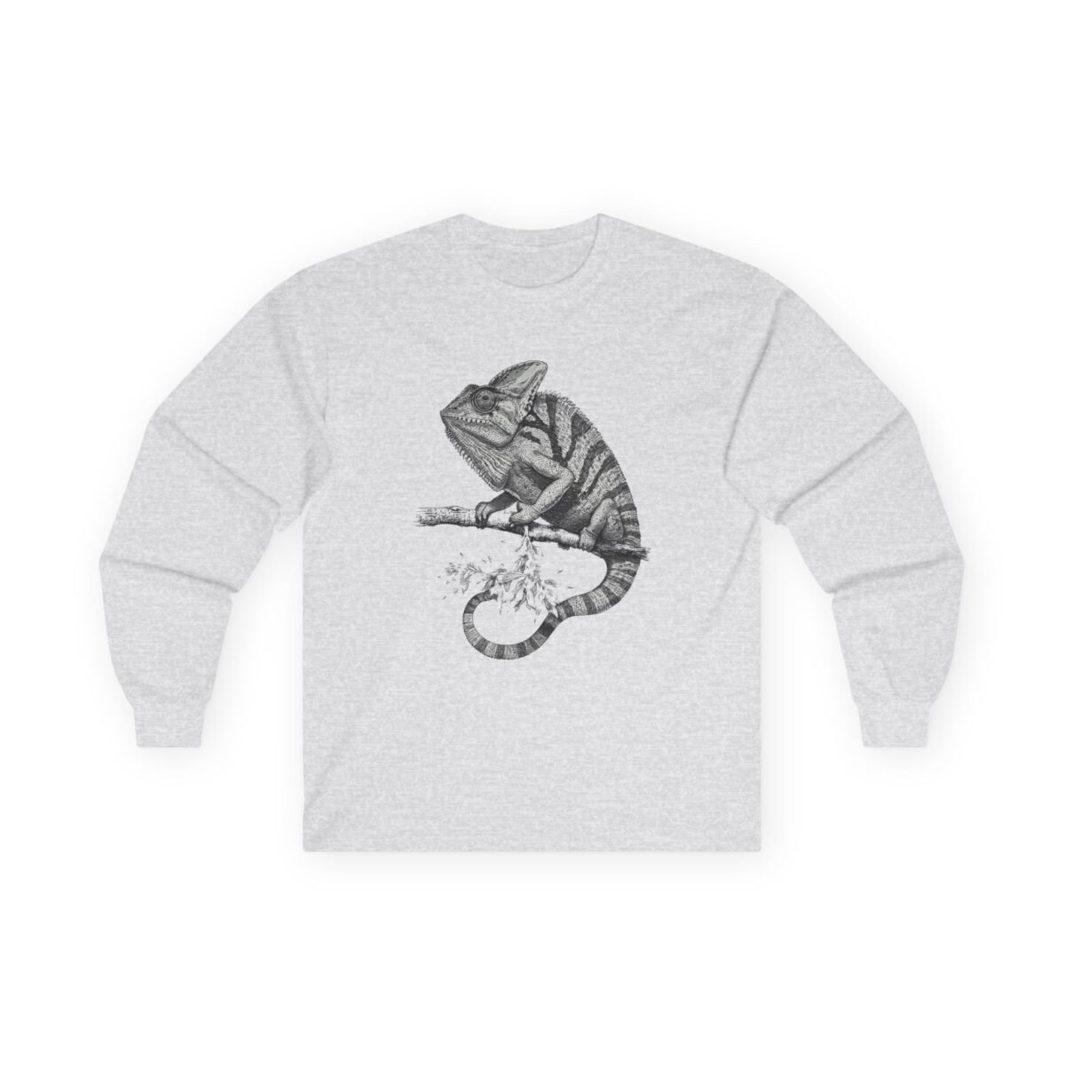 10846333989470811804_2048.jpeg Light gray long-sleeved t-shirt with a detailed black and white chameleon illustration on a branch.