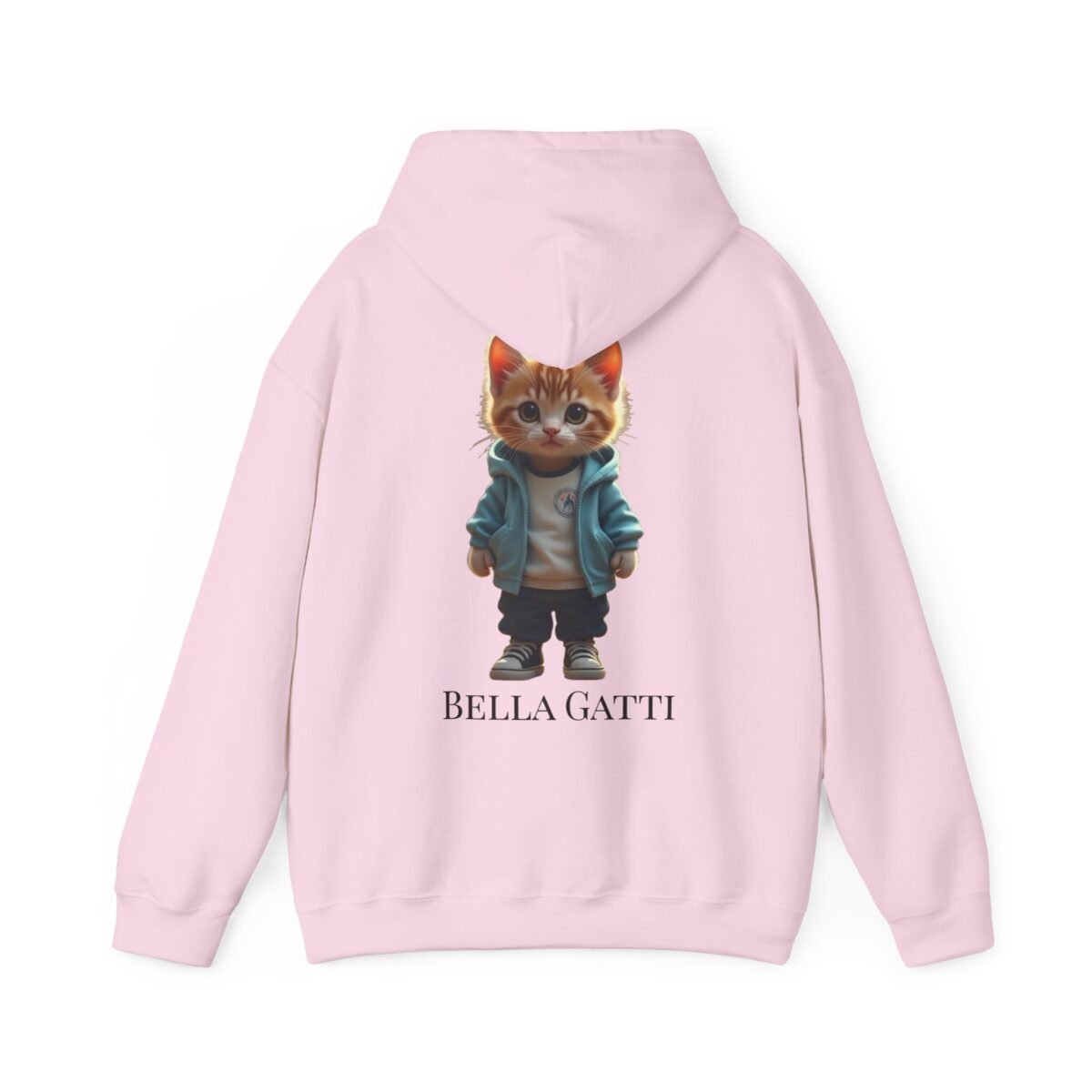 11314964070993038609_2048.jpeg Pink hoodie featuring an orange tabby kitten in a blue hoodie, with "BELLA GATTI" below.