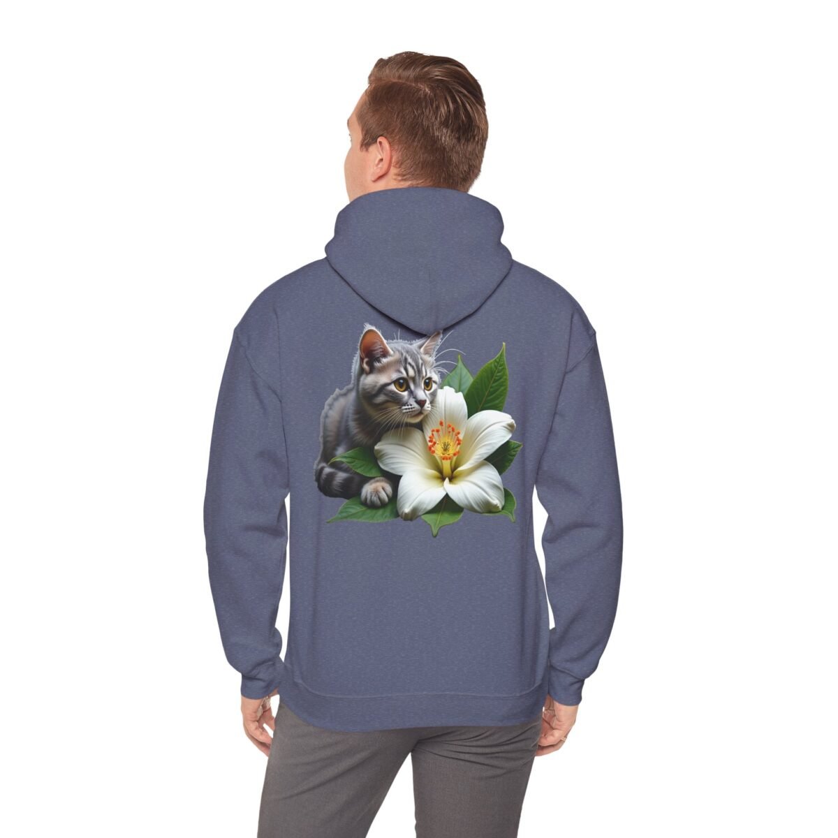 11648719670545576327_2048.jpeg Back of a person wearing a blue hoodie with a gray tabby cat and white lily graphic.