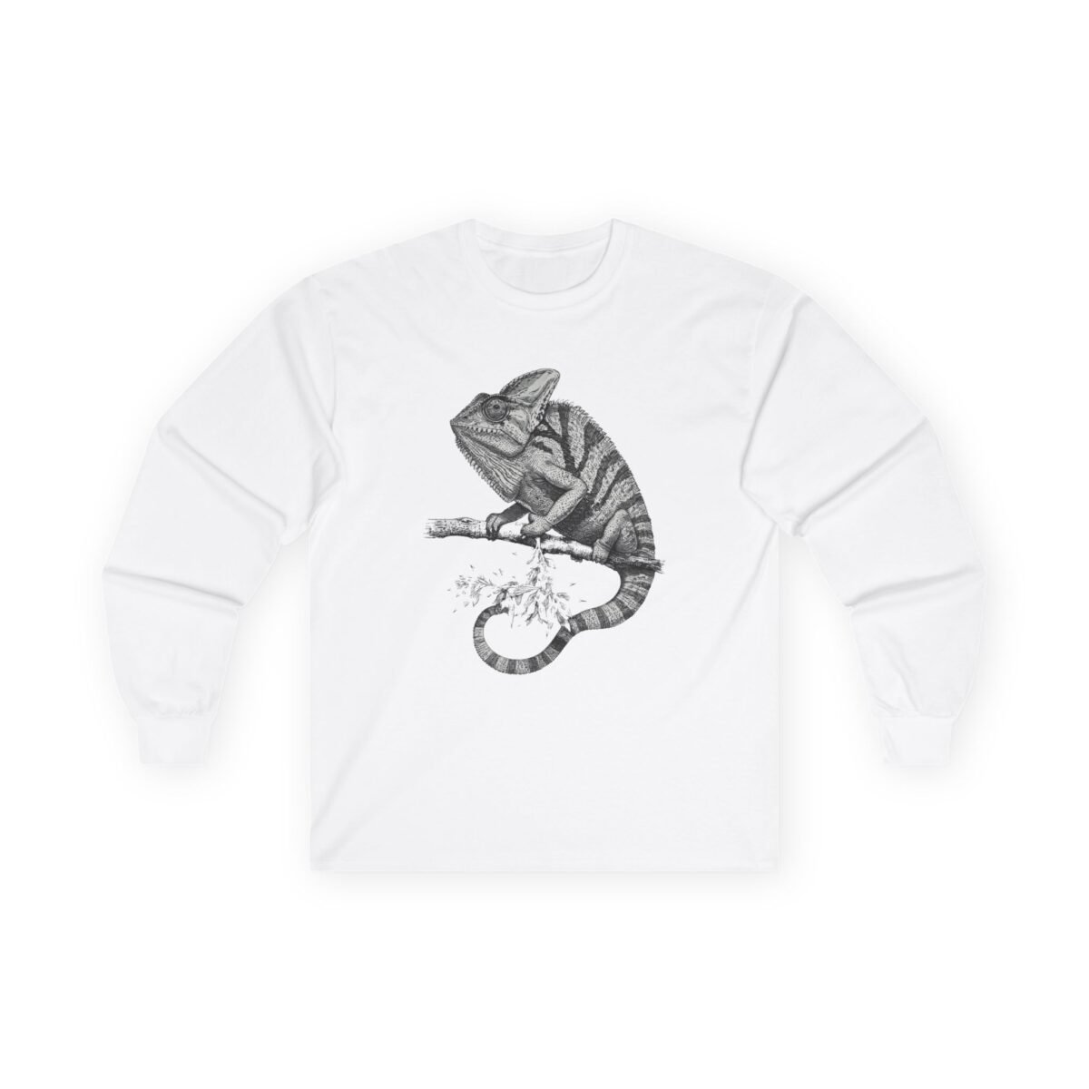 11724075342800141379_2048.jpeg White long-sleeve shirt featuring a black and white chameleon on a branch.