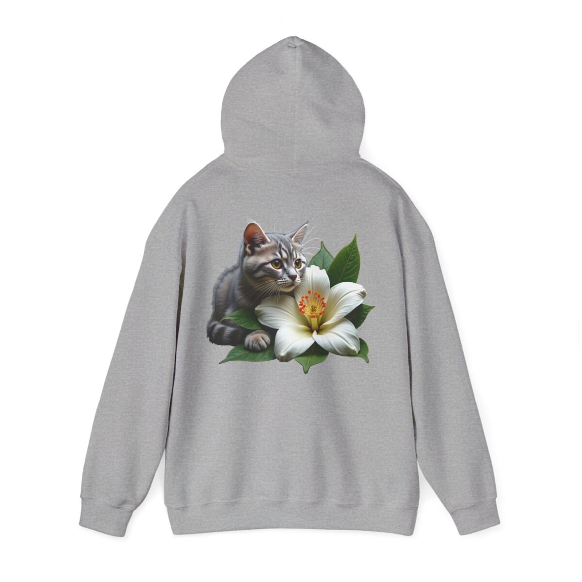 11783218040341525002_2048.jpeg Back of a grey hoodie featuring a tabby cat with a white lily flower.