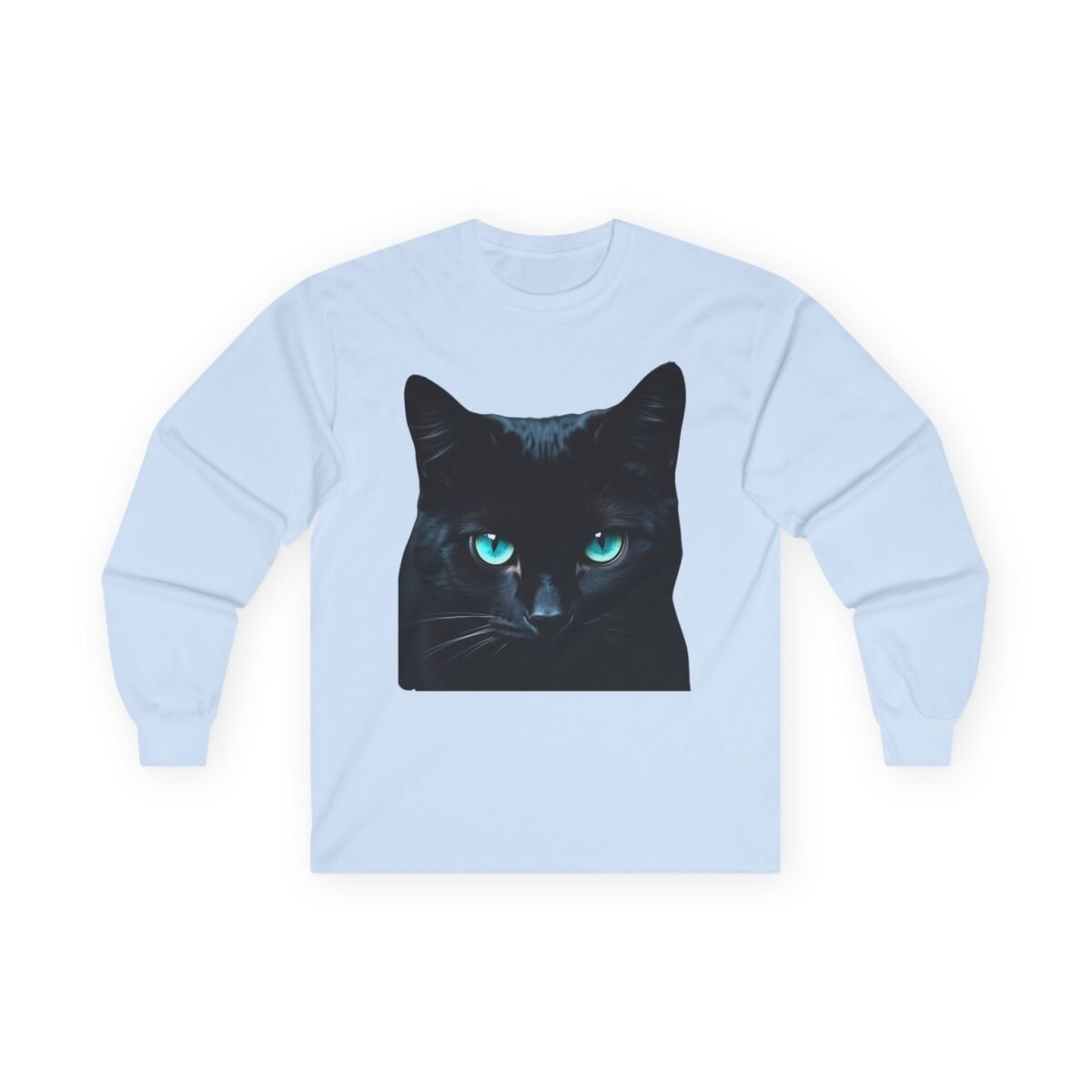 12213973790914904998_2048-1.jpeg Light blue long-sleeve t-shirt featuring a black cat with bright blue-green eyes.