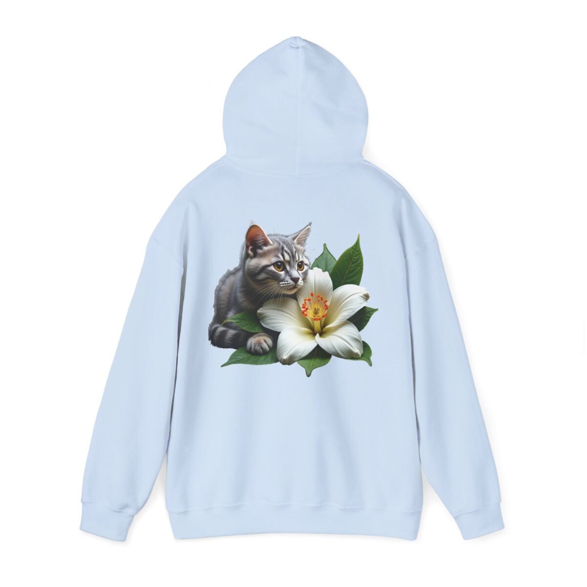 12357921477164438063_2048.jpeg Light blue hoodie with a graphic of a tabby cat next to a white flower.