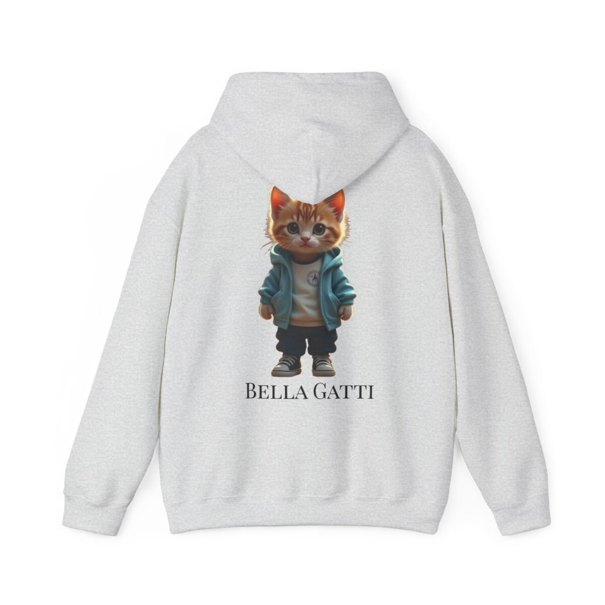 12635787578361572618_2048.jpeg Back of a light grey hoodie featuring a cute cartoon kitten wearing a blue hoodie and sneakers, with "BELLA GATTI" text
