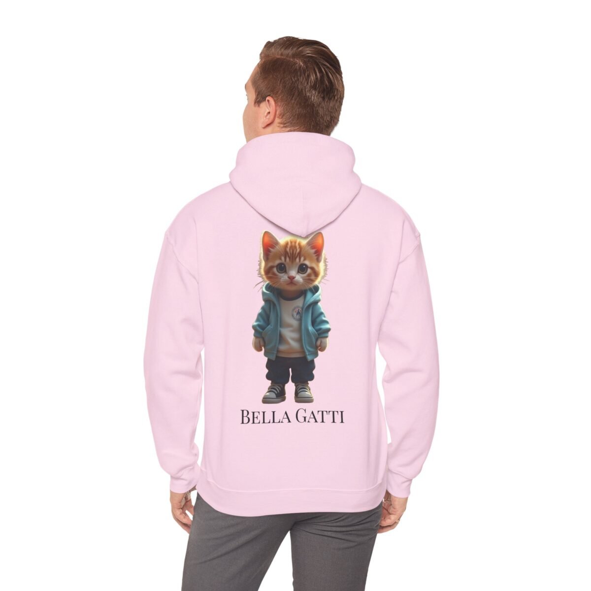 12744111681936636730_2048.jpeg Pink hoodie with an orange tabby kitten wearing a blue jacket and "BELLA GATTI" text on the back.