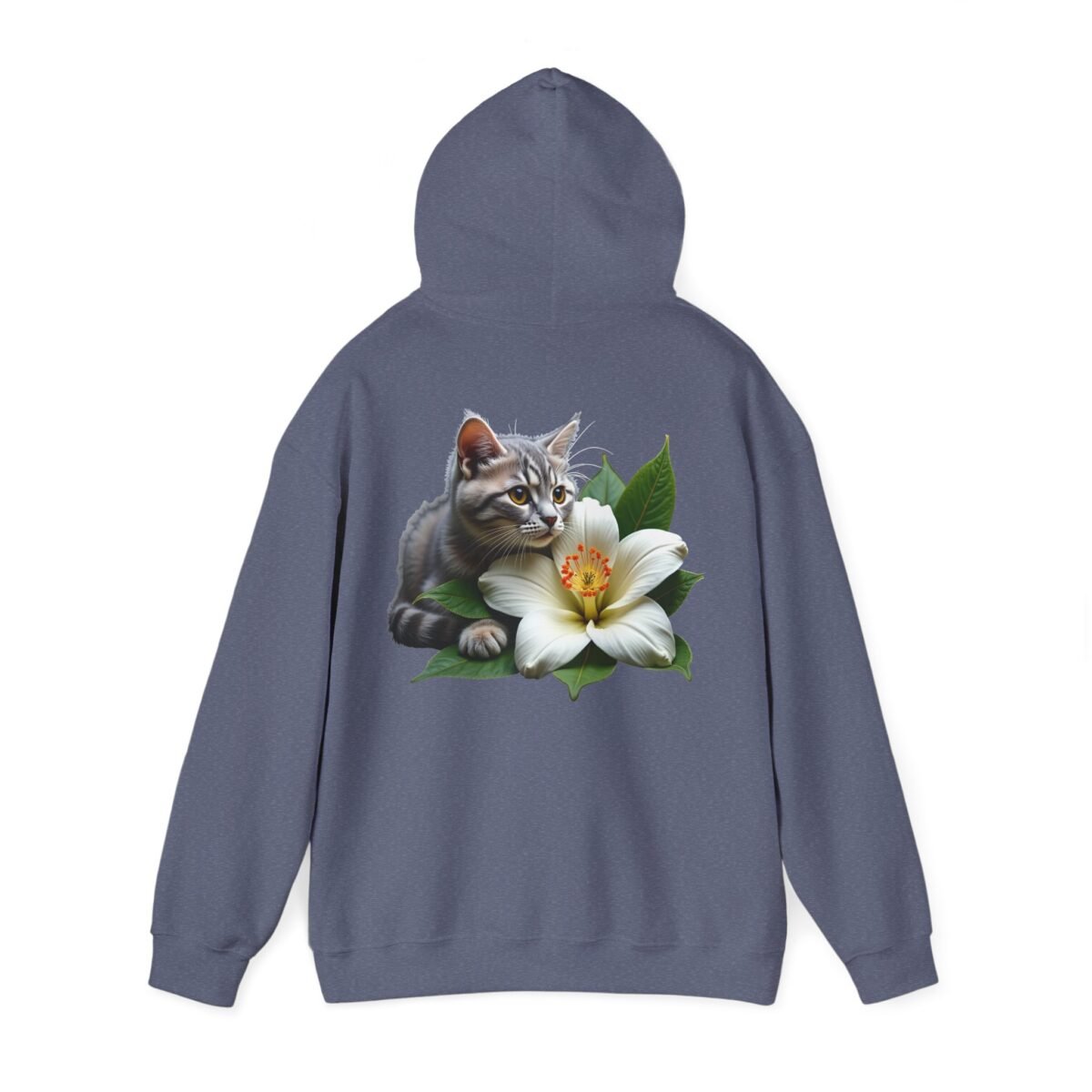 13127921903048064971_2048.jpeg Grey-blue hoodie featuring a grey tabby cat peeking from behind a white lily.
