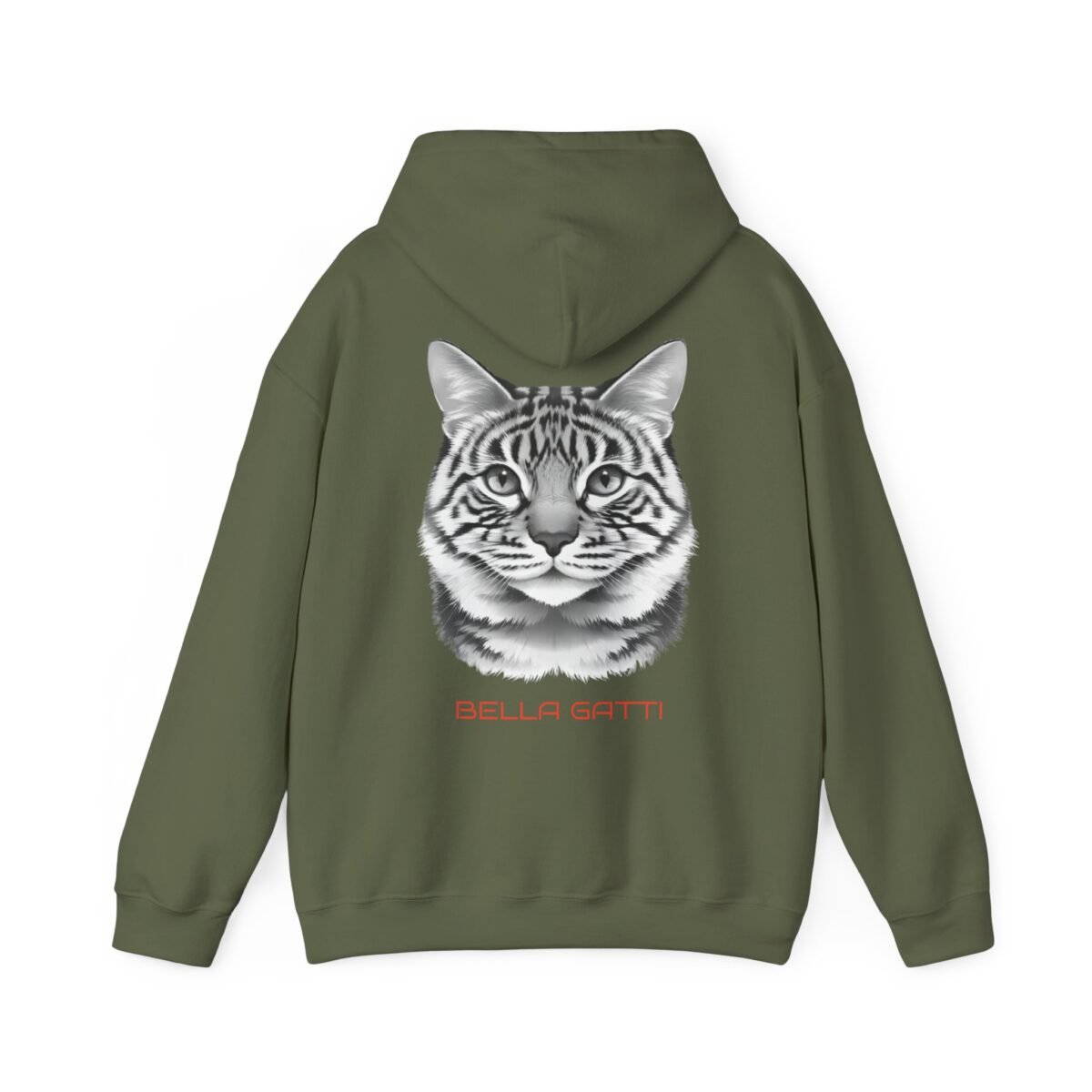 13346681131198188565_2048.jpeg Olive green hoodie with a black and white tabby cat head graphic and "BELLA GATTI" text on the back.