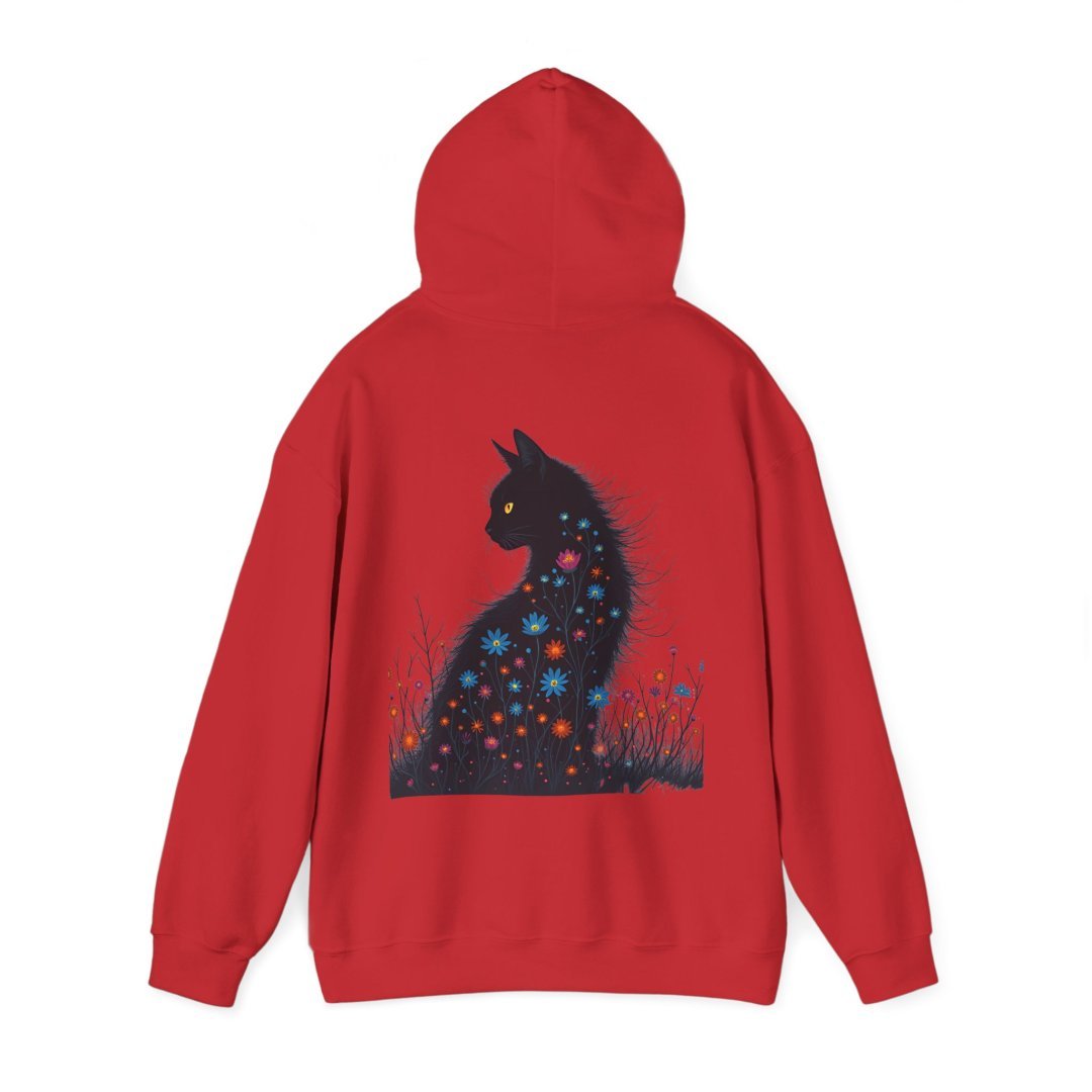 1349211142823220455_2048.jpeg Red hoodie with a black cat and colorful flowers design on the back.