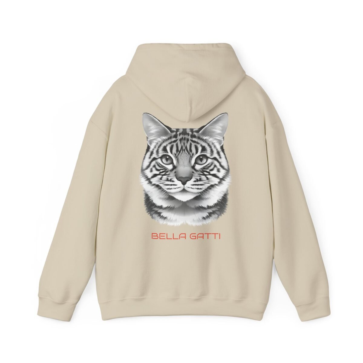1398188620493607614_2048.jpeg Beige hoodie featuring a grayscale striped cat head graphic and "BELLA GATTI" in red text.