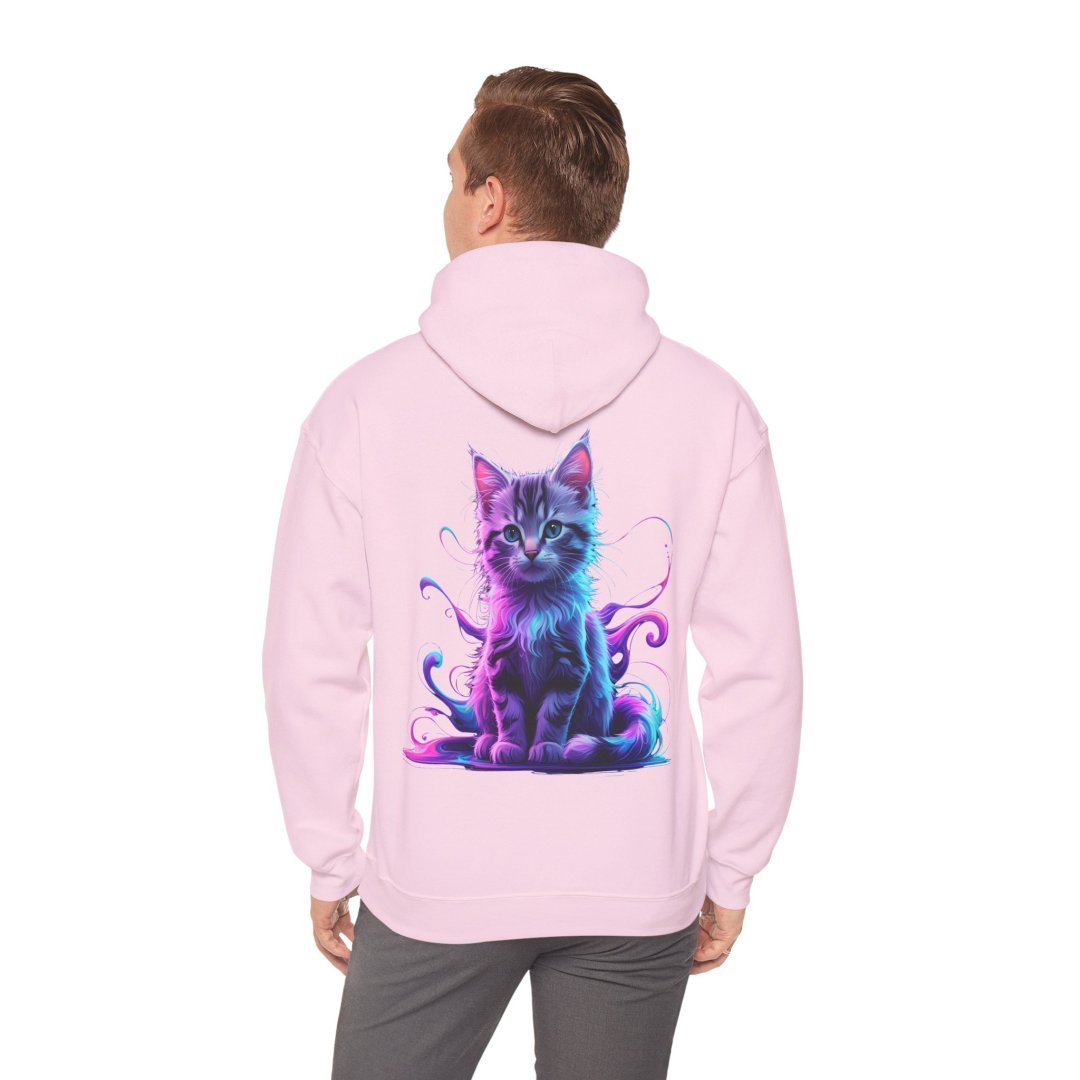 14131975675331855804_2048.jpeg Person wearing a pink hoodie with a colorful cat design on the back.