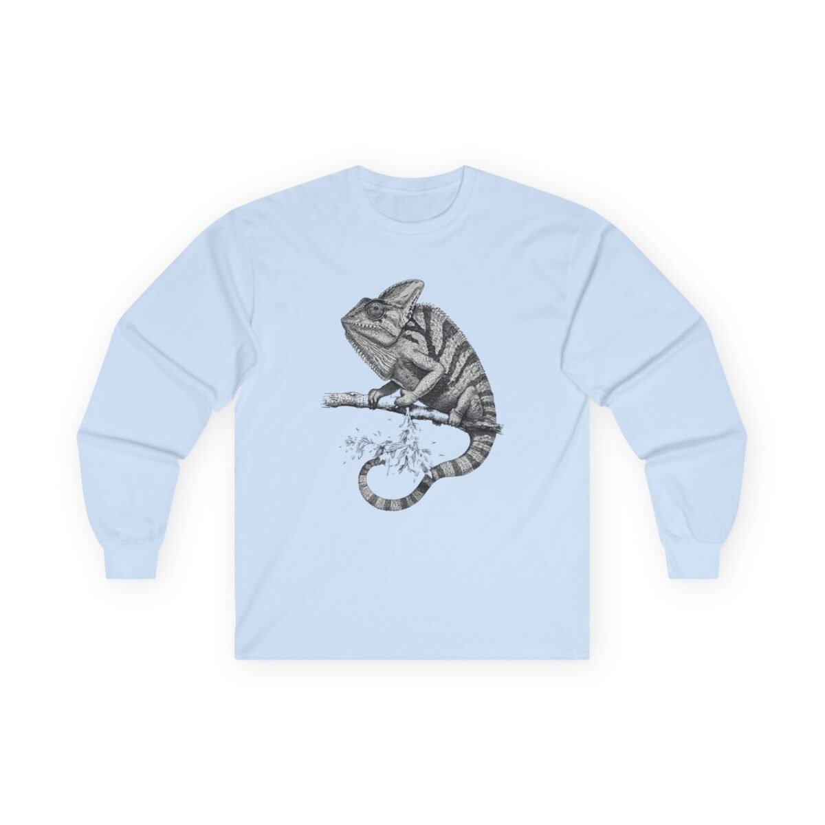 14384300990252933170_2048.jpeg Light blue long-sleeve shirt with a black and white chameleon illustration on a branch.