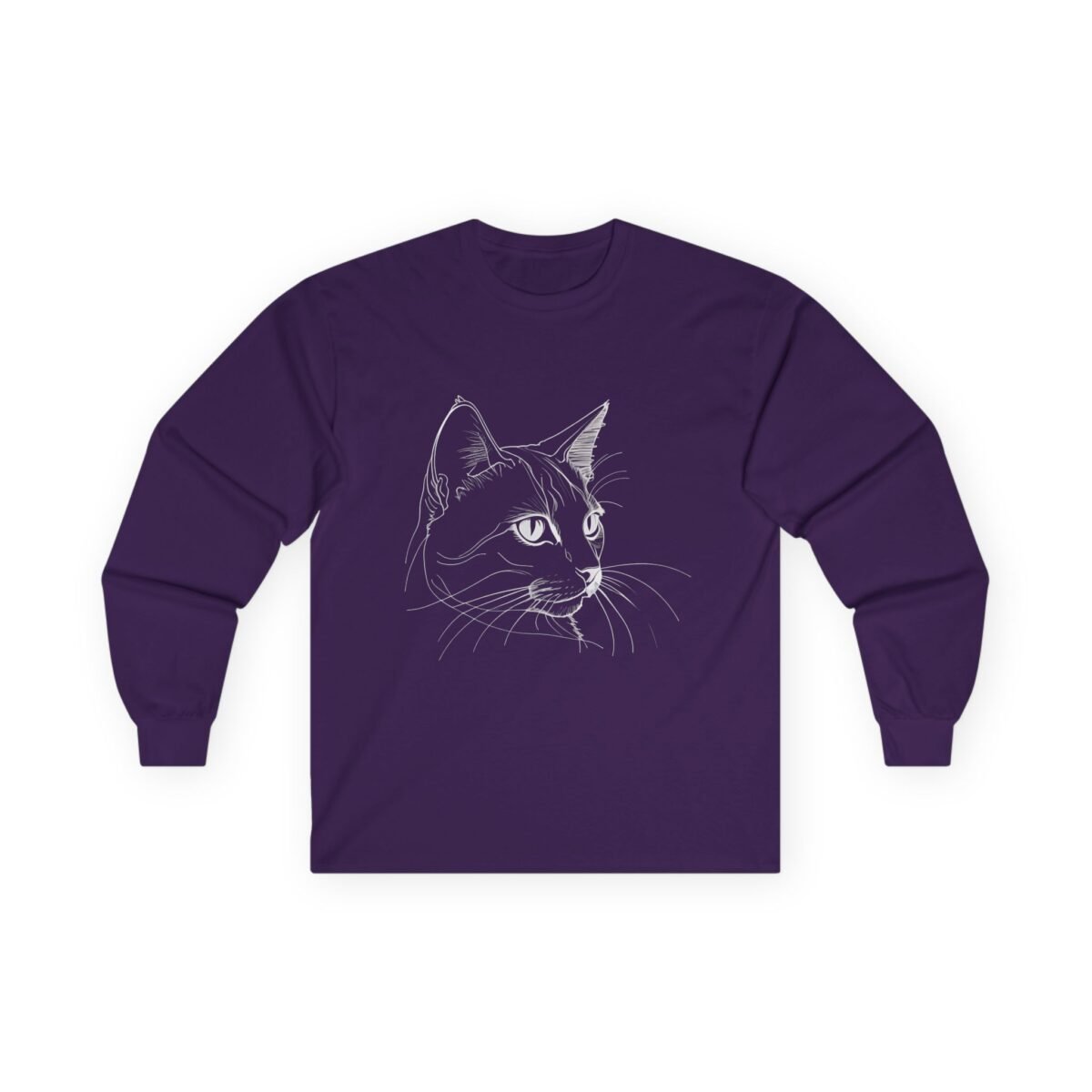 14475214224884082033_2048.jpeg Purple long-sleeve shirt with a white line art drawing of a cat's head.
