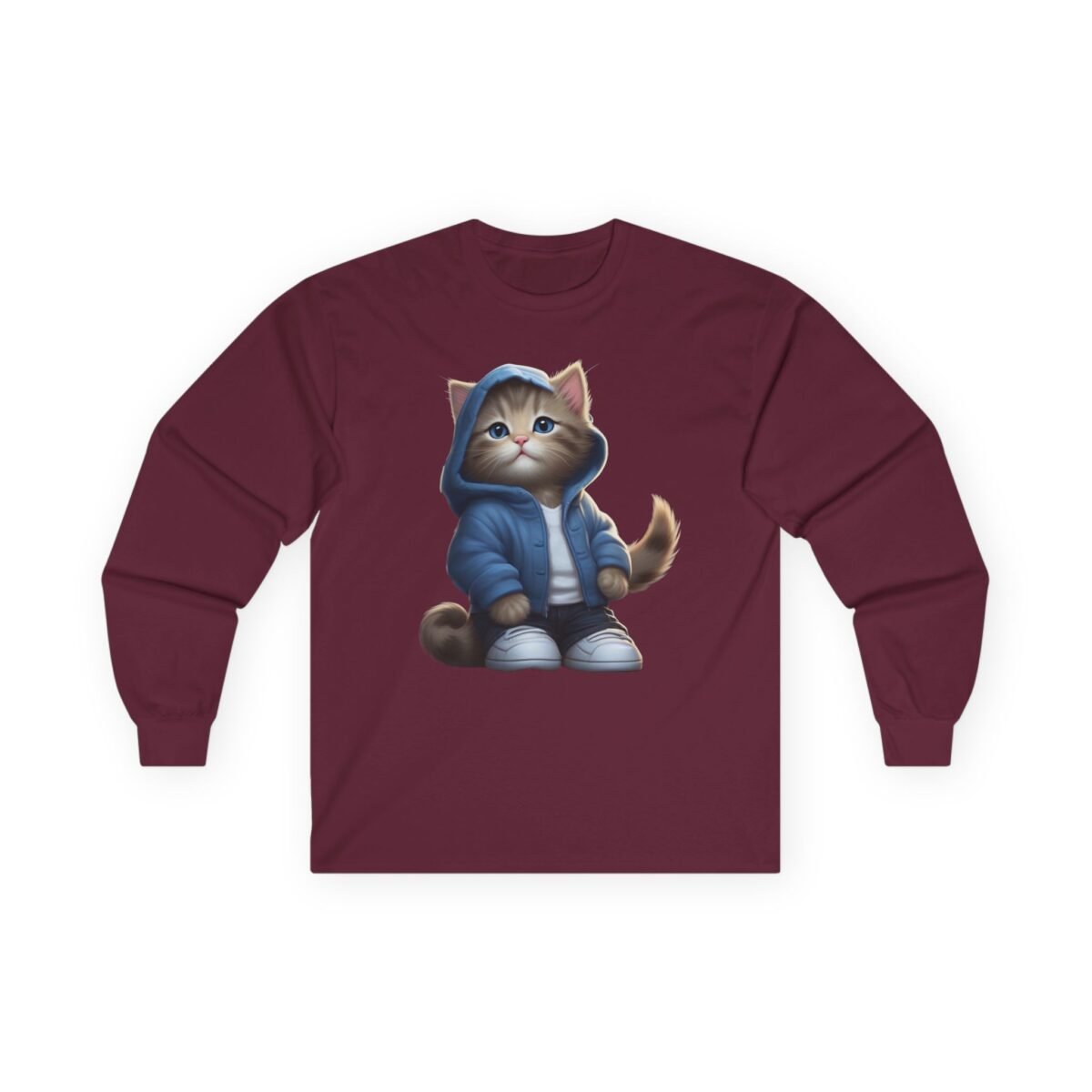 14608837092180565208_2048.jpeg Maroon long-sleeve shirt with a cartoon cat wearing a blue hoodie and white sneakers.