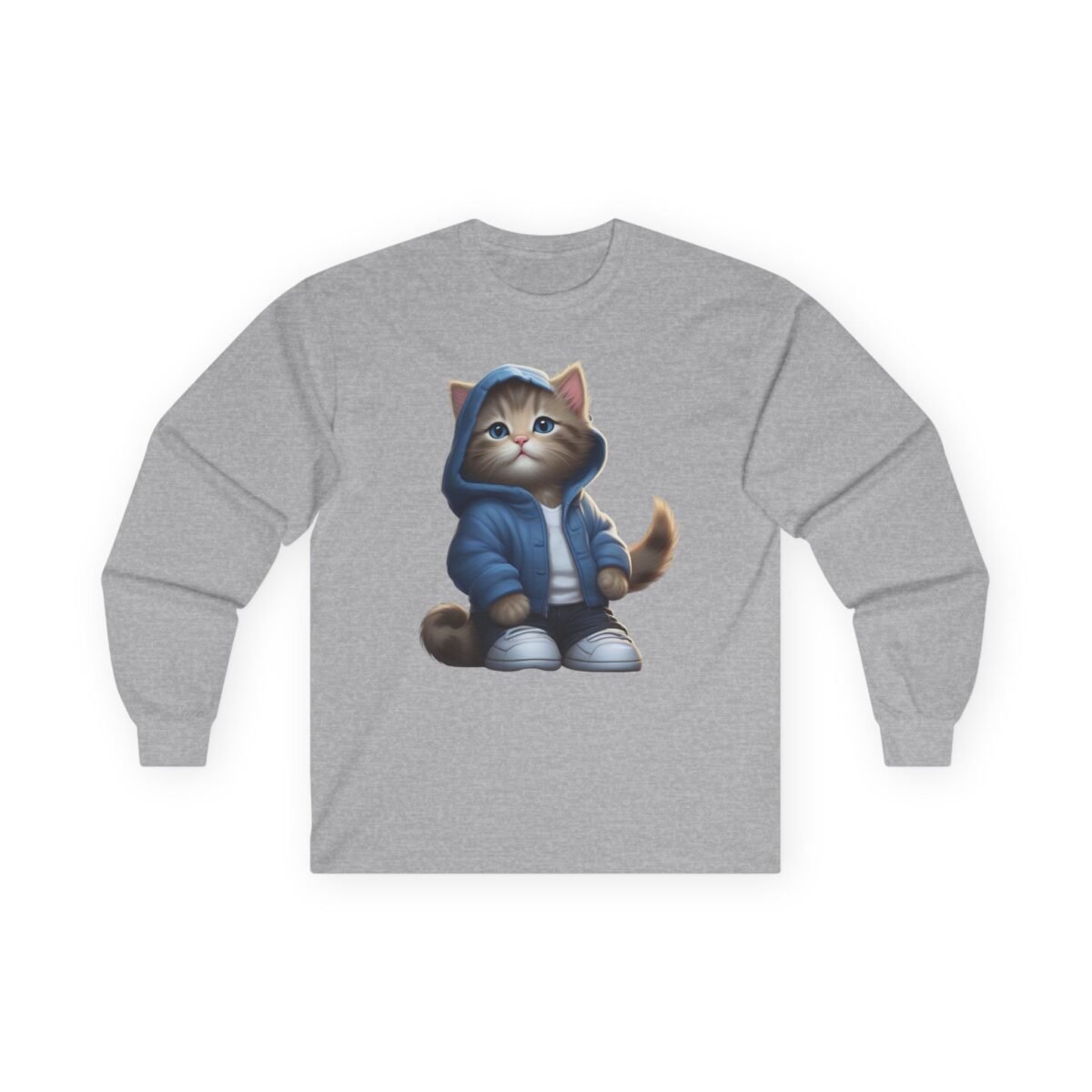 14831271394610562689_2048.jpeg Grey long-sleeve t-shirt with a cartoon kitten wearing a blue hoodie and white sneakers.