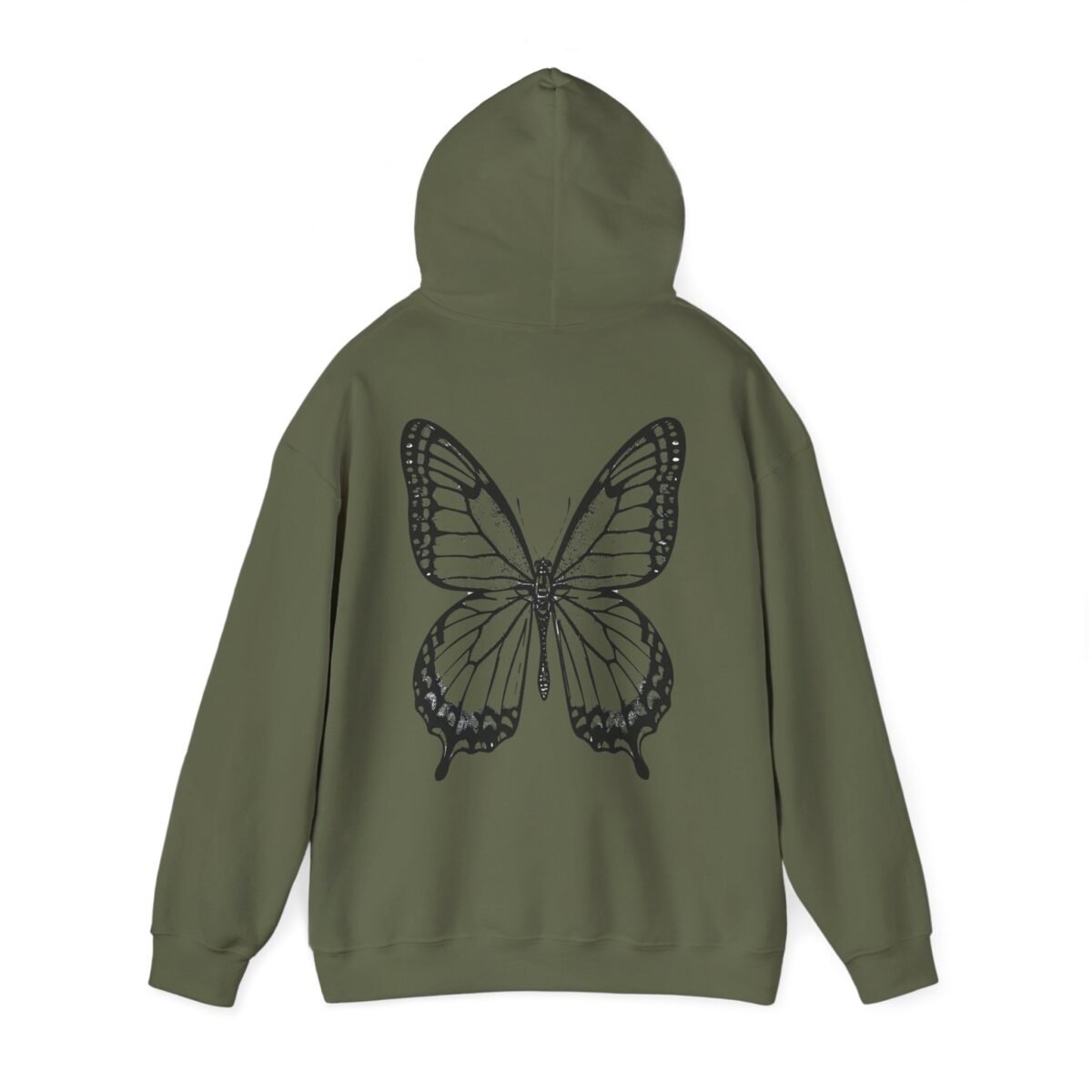14877918553976315247_2048.jpeg Olive green hoodie with a black butterfly design on the back.