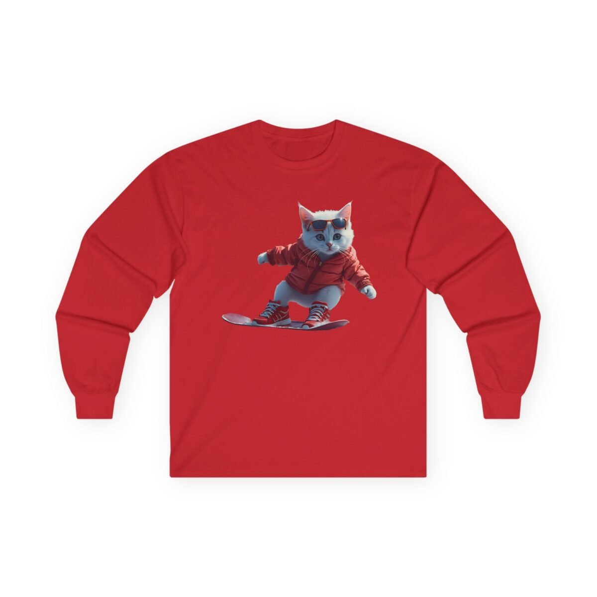 14955726412390376937_2048.jpeg Red long-sleeve shirt with a snowboarding cat in sunglasses.