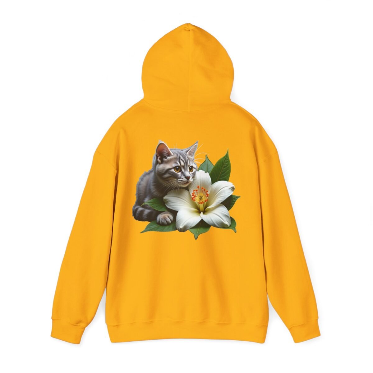 1504393927697880988_2048.jpeg Yellow hoodie with a grey tabby cat and white lily graphic on the back.