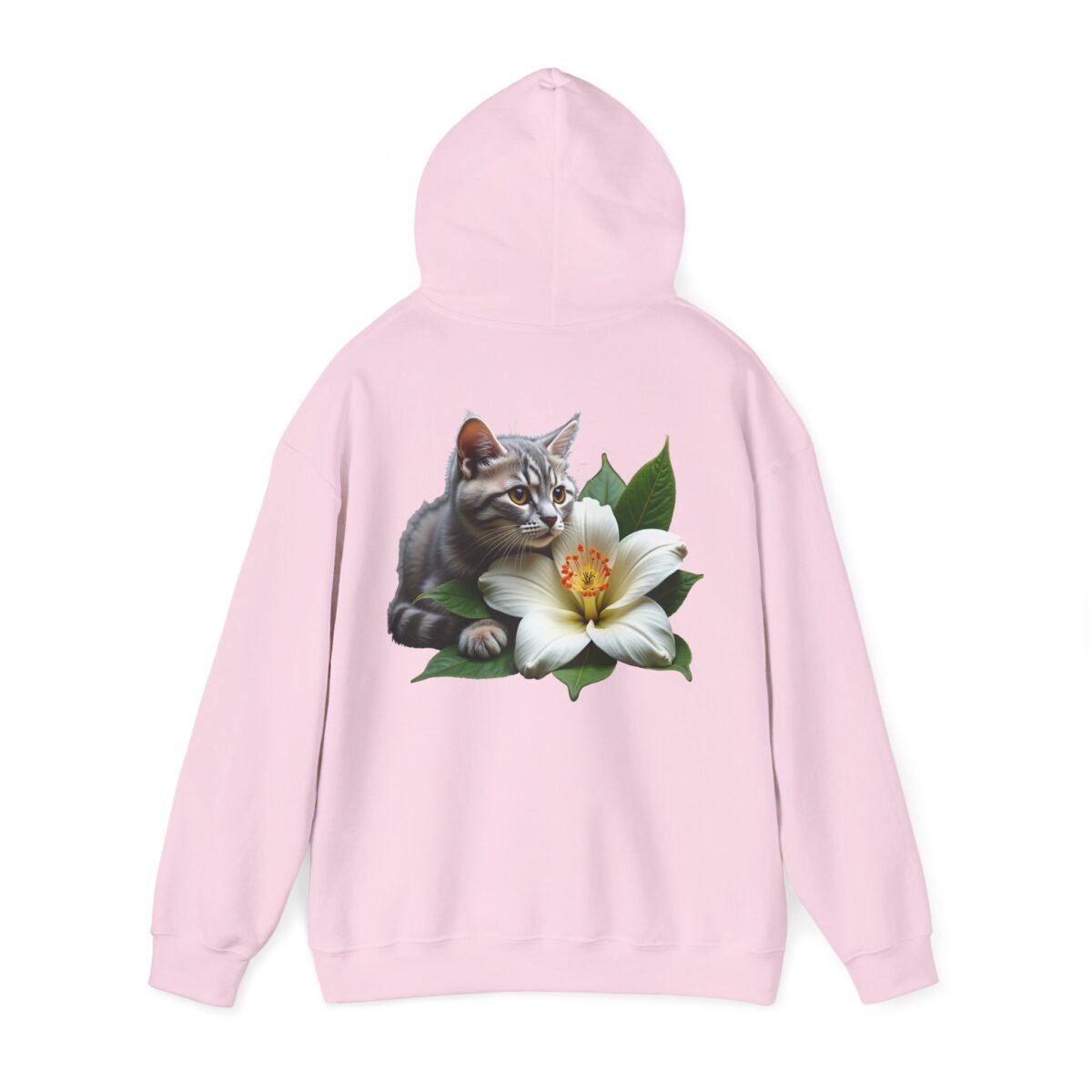 15177254885376768132_2048.jpeg Light pink hoodie with a grey tabby kitten and white flower graphic on the back.