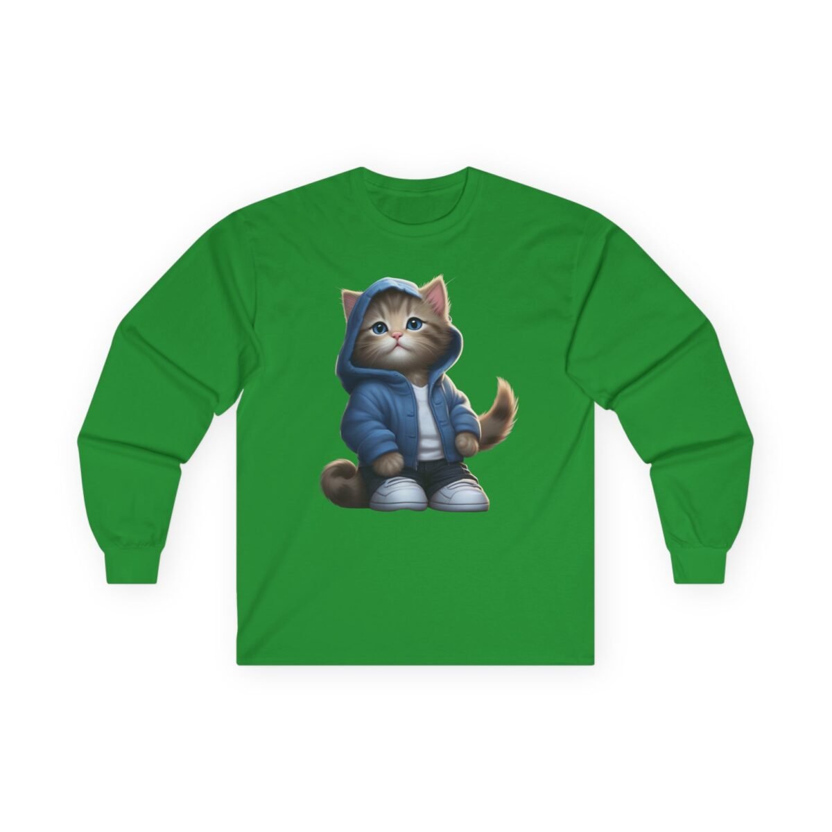 15552098368512193953_2048.jpeg Green long-sleeve t-shirt with a cartoon cat wearing a blue hoodie and sneakers.