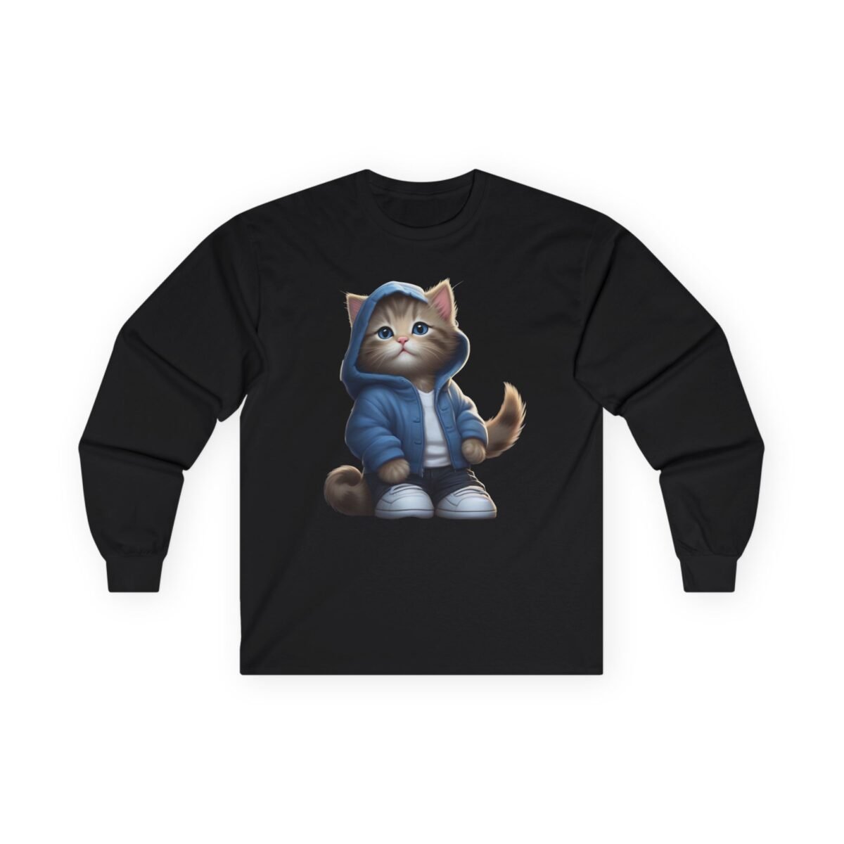 15609818697484455104_2048.jpeg Black long-sleeve shirt with a cute kitten wearing a blue hoodie.
