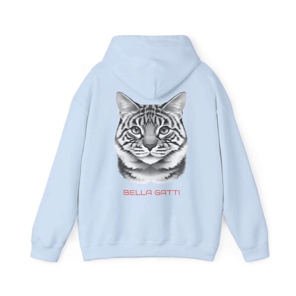 1567040531025531571_2048.jpeg Light blue hoodie with a grayscale striped cat face and "BELLA GATTI" in red on the back.