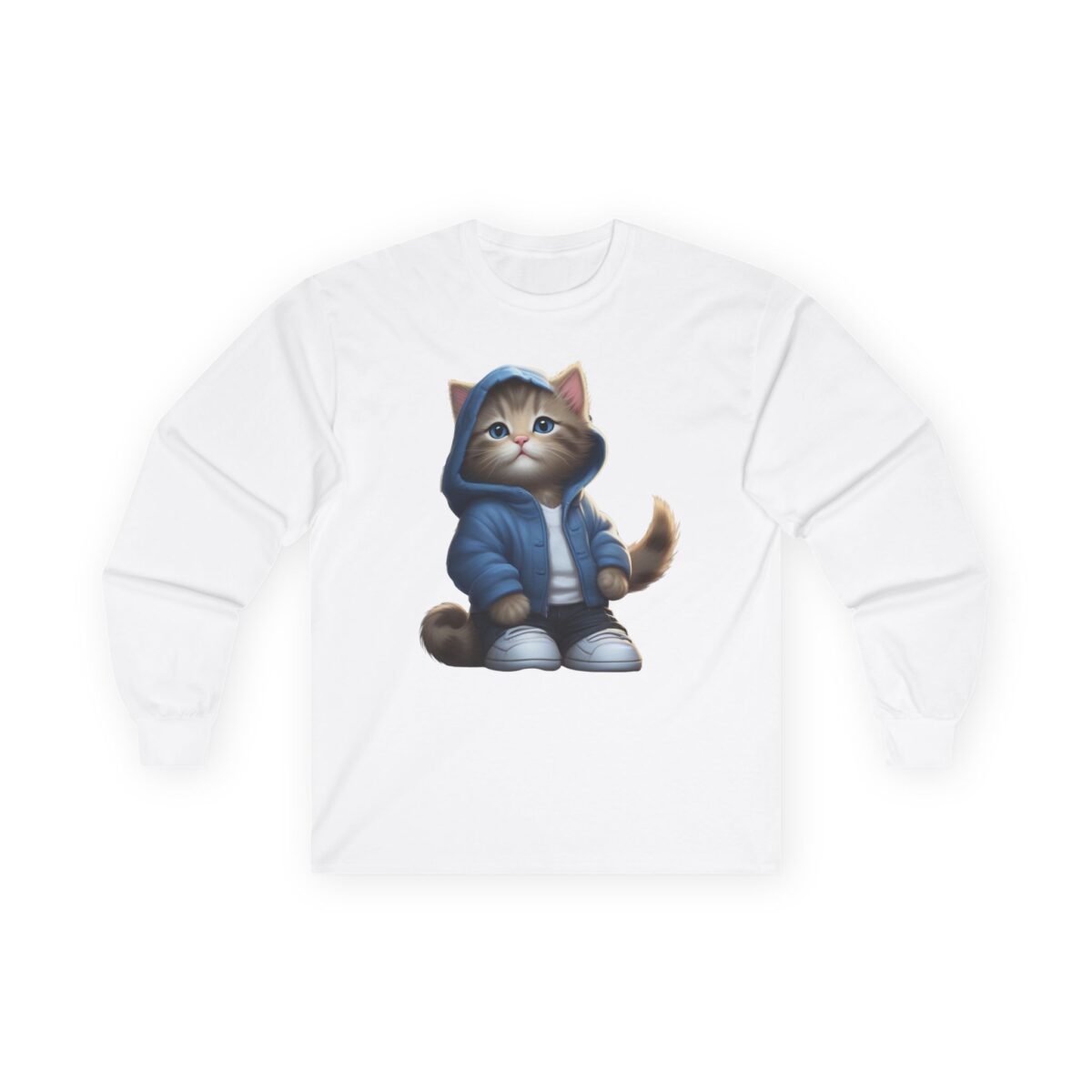 16515322141170999742_2048.jpeg White long-sleeve shirt with a cartoon cat wearing a blue hoodie and white sneakers.