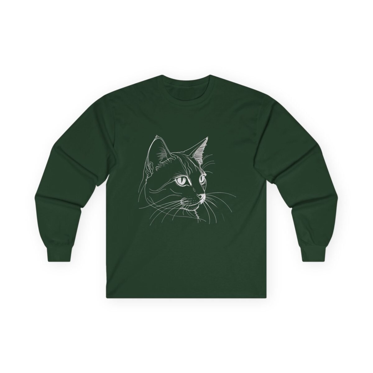 16525621423632282682_2048.jpeg Dark green long-sleeve shirt with a white line art drawing of a cat's head.