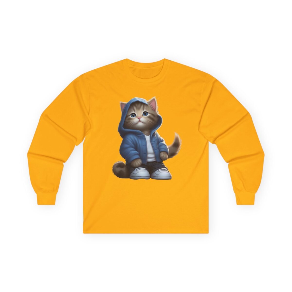16709440977200646407_2048.jpeg Orange long-sleeve shirt with a cute kitten wearing a blue hoodie and sneakers.