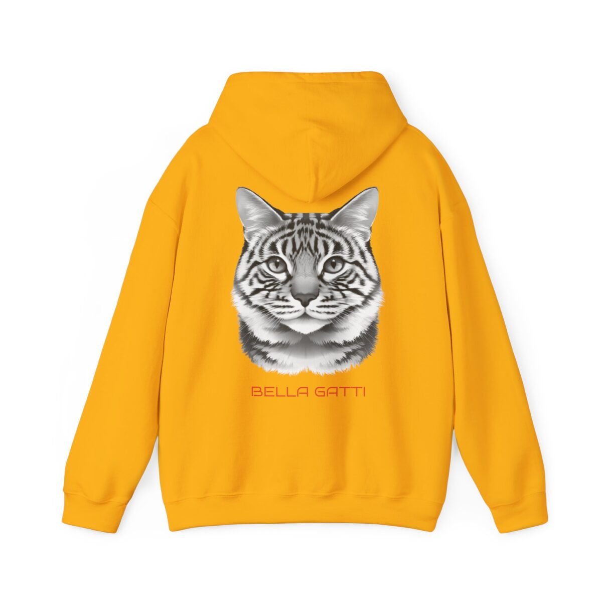 1709719736752494516_2048.jpeg Yellow hoodie with a grayscale striped cat face and "BELLA GATTI" in red text on the back.
