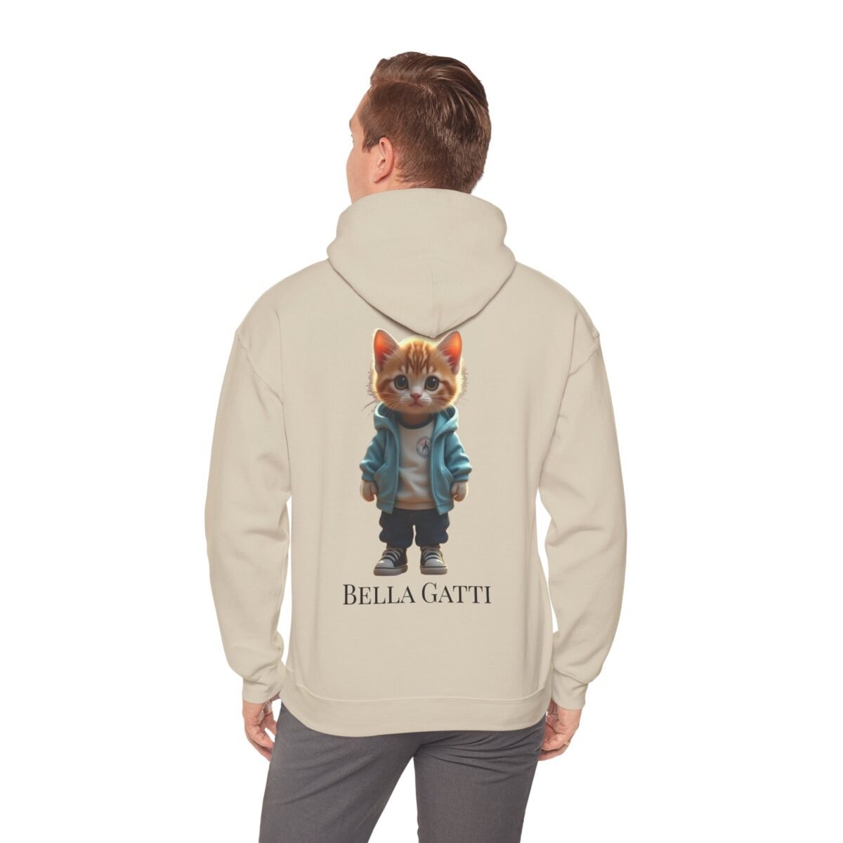 17581394339057487786_2048.jpeg Back of a person wearing a beige hoodie with a cartoon kitten in clothes and "BELLA GATTI" text.