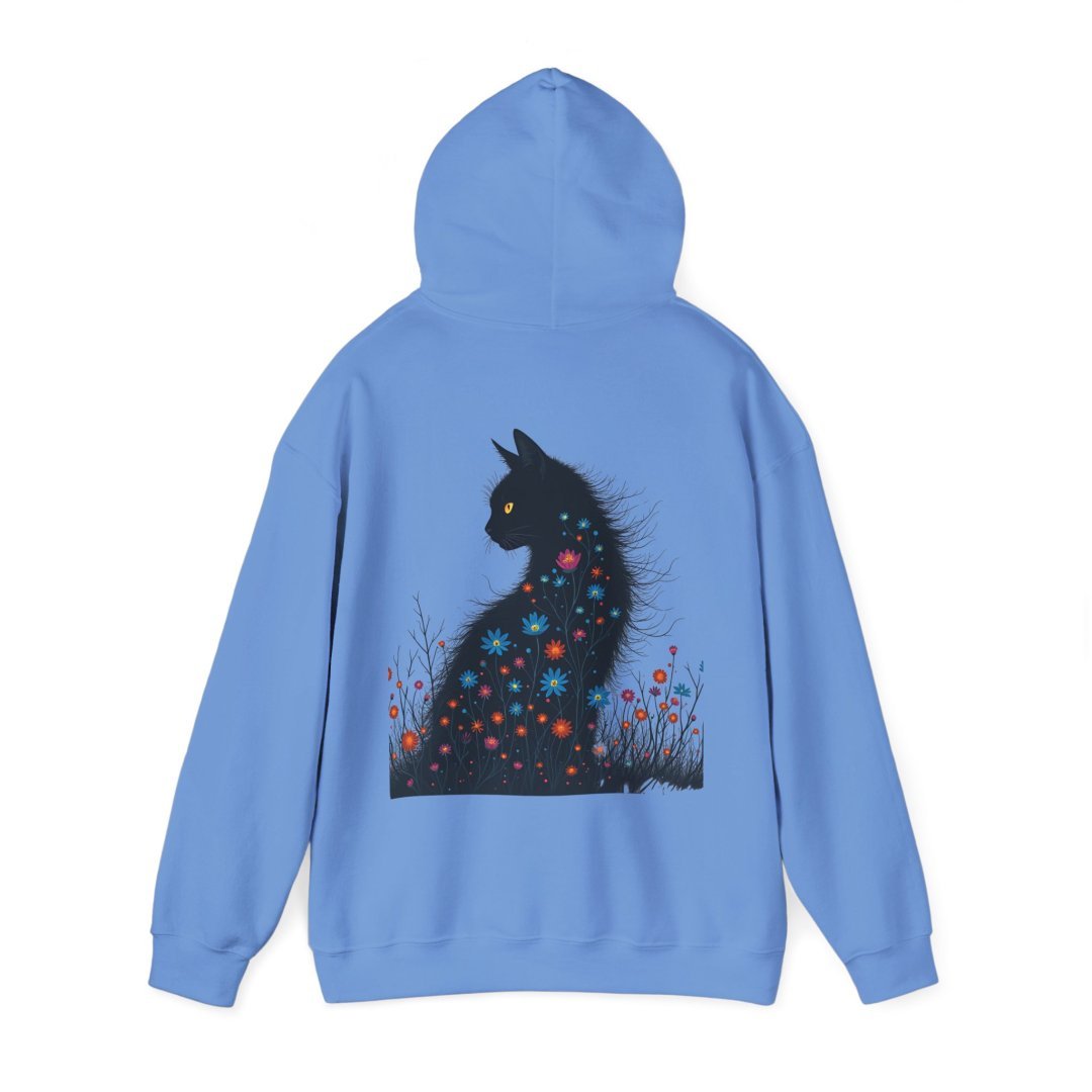 17662824790658883860_2048.jpeg Blue hoodie with a black cat and colorful flowers design on the back.