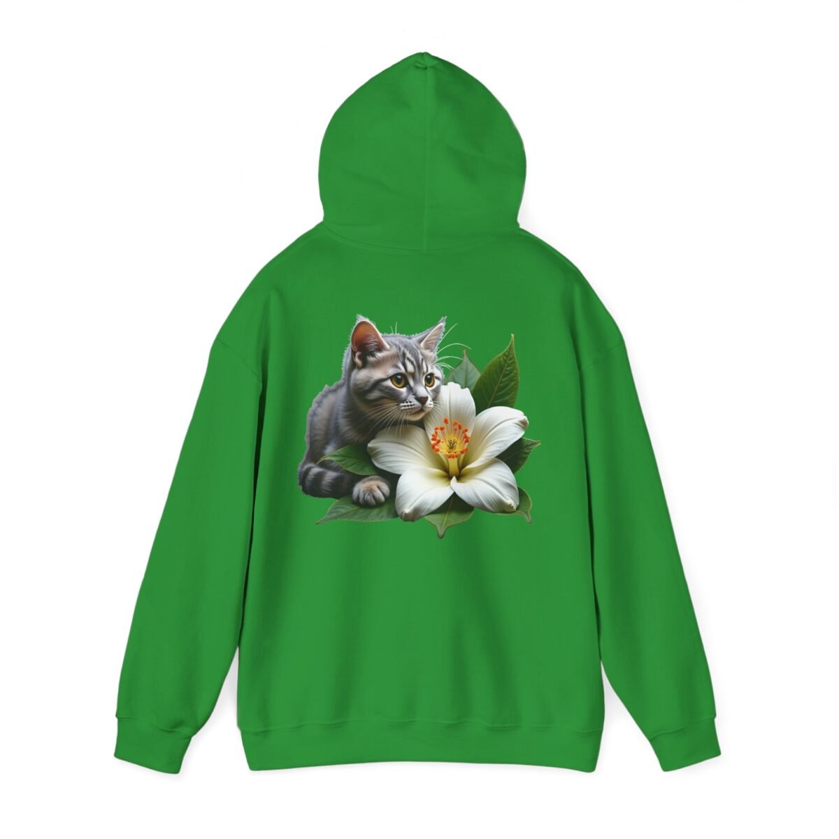 17971040013611074300_2048.jpeg Green hoodie with a graphic of a tabby kitten and a white flower on the back.