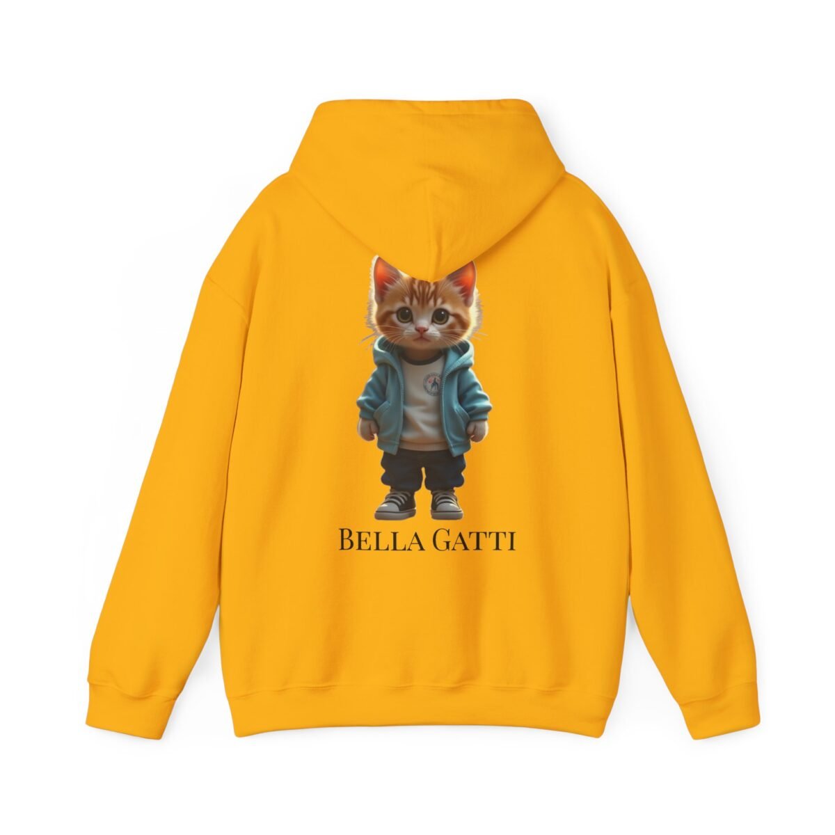 18232579019375710295_2048.jpeg Yellow hoodie featuring an orange tabby kitten wearing a blue hoodie and jeans, with "BELLA GATTI" text.