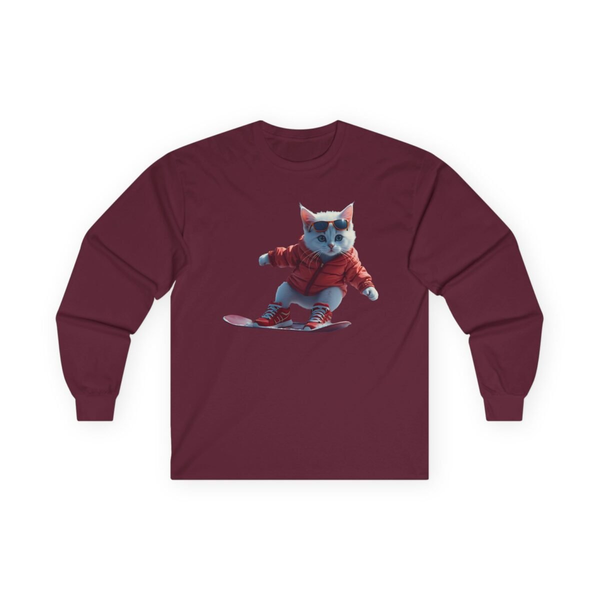 2222538664706806389_2048.jpeg Maroon long-sleeve shirt with a cool white cat in a red jacket and sunglasses snowboarding.