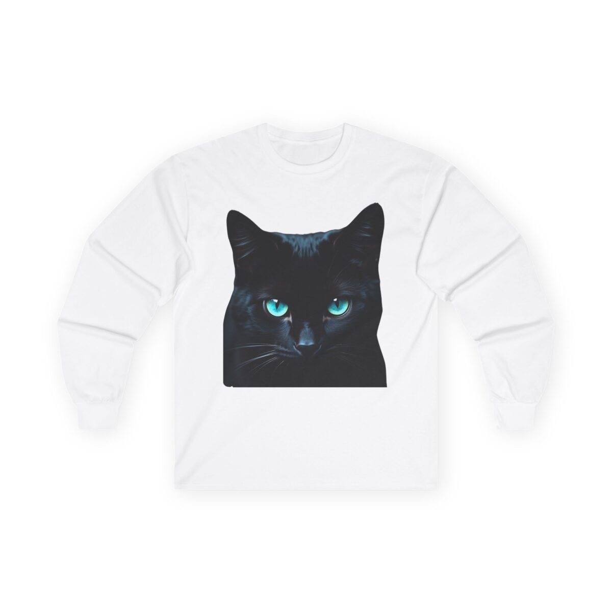 2457471856987855876_2048-1.jpeg White long-sleeve tee featuring a black cat with piercing blue eyes.