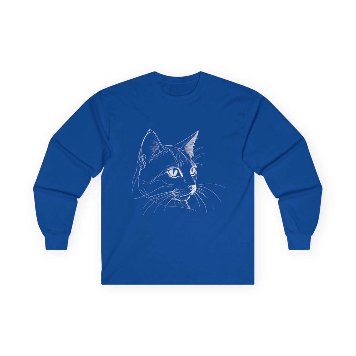 2794294434602012927_2048.jpeg Blue long-sleeve shirt with a white line art drawing of a cat's head.