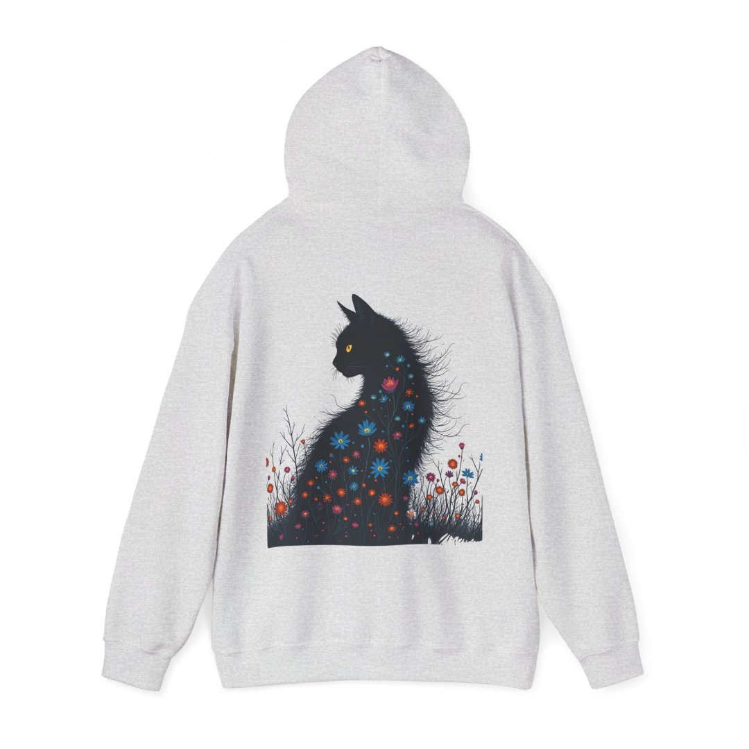 3559572527317939003_2048.jpeg Gray hoodie with a black cat and colorful flowers design on the back.