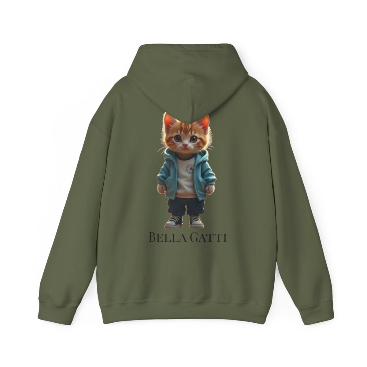 4170599936545379847_2048.jpeg Olive green hoodie with a cute cartoon kitten wearing a blue hoodie and jeans, plus "BELLA GATTI" text.