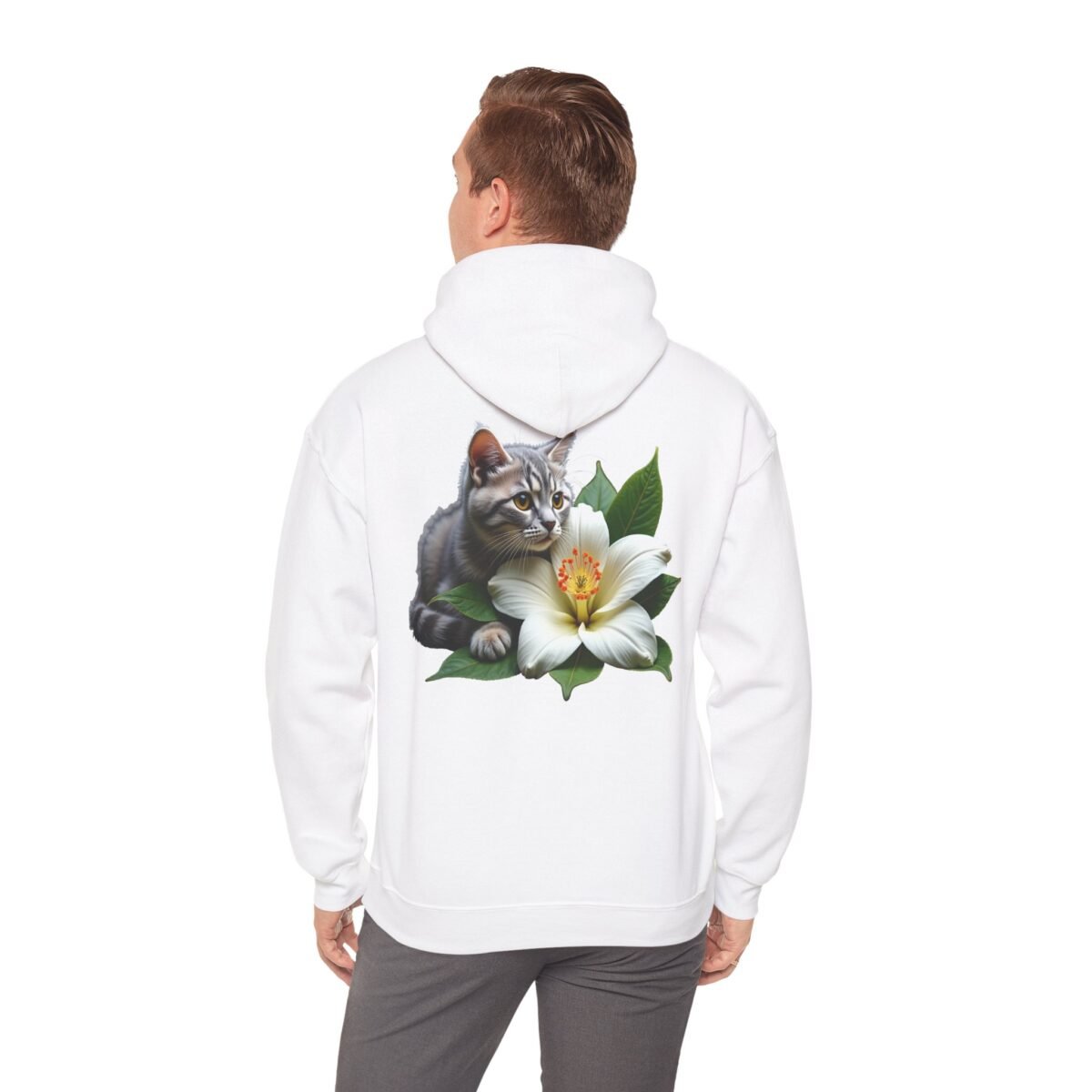 4322626778855728027_2048.jpeg A white hoodie with a gray tabby cat peeking from behind a white lily flower on the back.