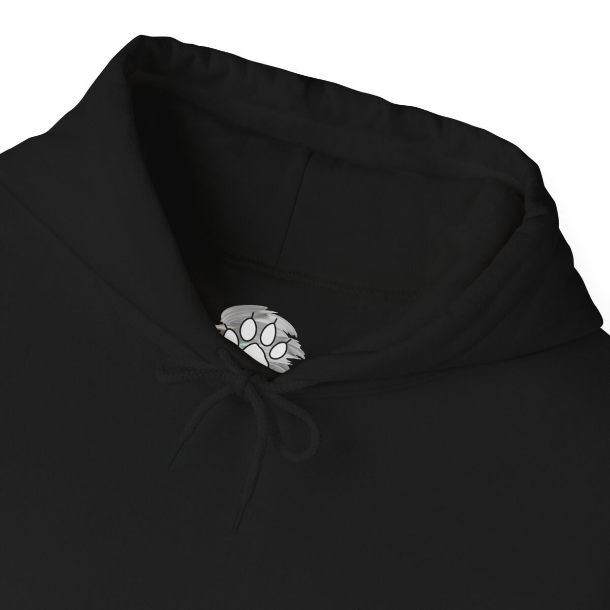4389732586479199332_2048.jpeg Black hoodie with a white paw print design inside the neck, near white drawstrings.