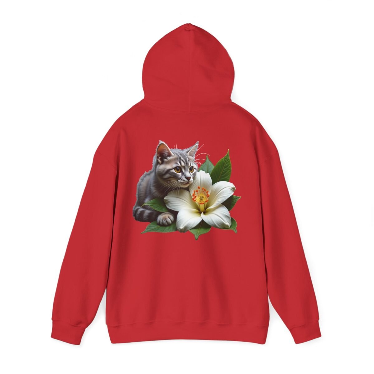 4402374957534681984_2048.jpeg Red hoodie with a graphic of a tabby cat next to a white flower on the back.